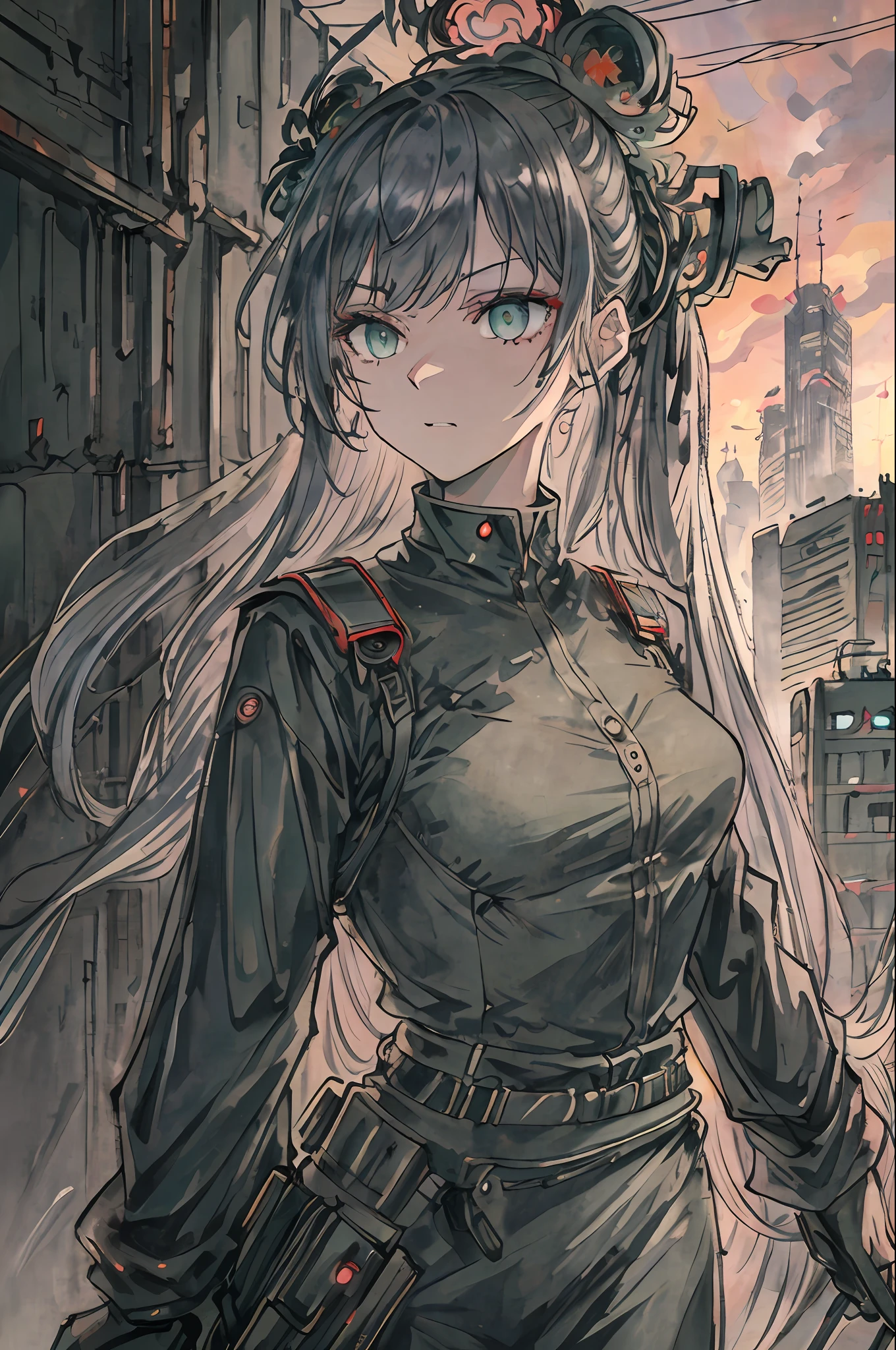 cyberpunk-inspired art by Cornflower with an original masterpiece transformed into a cyberpunk-themed artwork with perfect details and a beautiful, crisp background (Unity CG 8K:1.05 wallpaper) and depth of field (0.75). A sexy, black-clad young woman with long silver hair and a neon floral head ornament (1.1) stands in the middle of an abandoned cyberpunk city (1.25) under a neon (1.1) sky in (spring:0.45):1.1. Her proportions are adjusted to be more realistic, and her detailed beautiful eyes (1.2), stunning face (1.2), silver hair fluttering in the cyberpunk wind (1.05), and striking green eyes (1.1) complete her alluring presence. However, she is not alone in an abandoned city, as she is approached by a group of terrifying monsters. Despite their menacing presence, the girl shows no fear and instead gives them a ferocious, angry expression. Her expression contrasts with the peaceful rainbow behind her and underscores her determination to face the monsters.