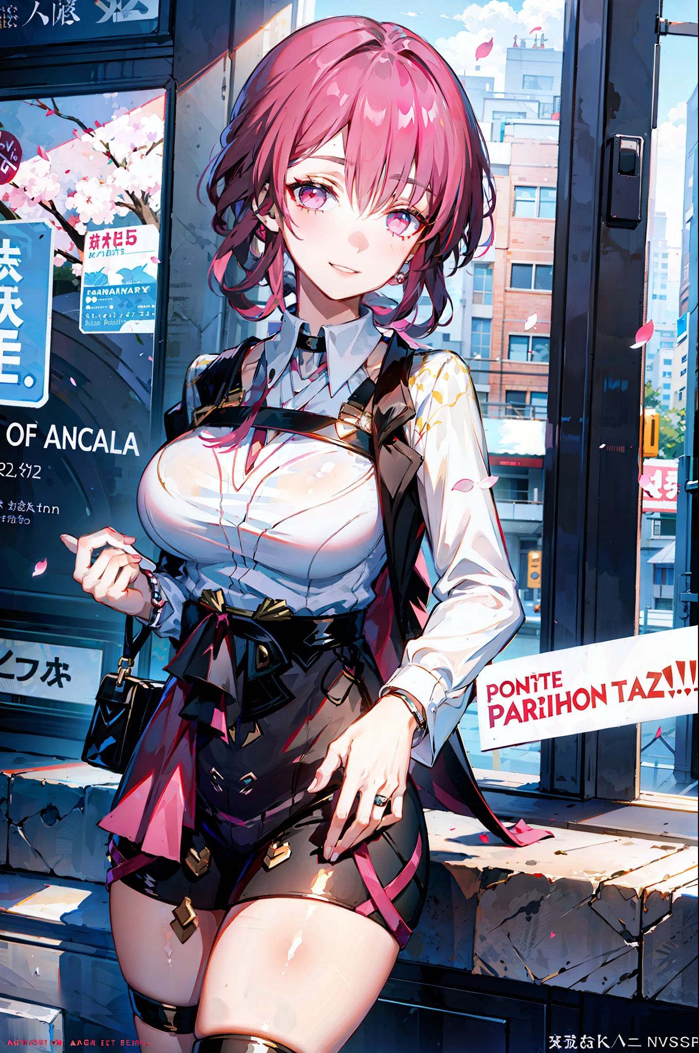 masterpiece, best quality, full body, 1girl, bangs, black choker, black necktie, blonde hair, blue skirt, blush, bracelet, breasts, choker, clothes around waist, collarbone, collared shirt, cowboy shot, dress shirt, ear piercing, eyebrows visible through hair, gradient hair, grin, gyaru, jewelry, kogal, long hair, looking at viewer, loose necktie, necktie, piercing, plaid, plaid skirt, pleated skirt, red eyes, ring, school uniform, shirt, skirt, smile, solo, white shirt, street, sky, cherry blossoms, petals,illustration, (magazine:1.3), (cover-style:1.3), fashionable, woman, vibrant, outfit, posing, front, colorful, dynamic, background, elements, confident, expression, holding, statement, accessory, majestic, coiled, around, touch, scene, text, cover, bold, attention-grabbing, title, stylish, font, catchy, headline, larger, striking, modern, trendy, focus, fashion,