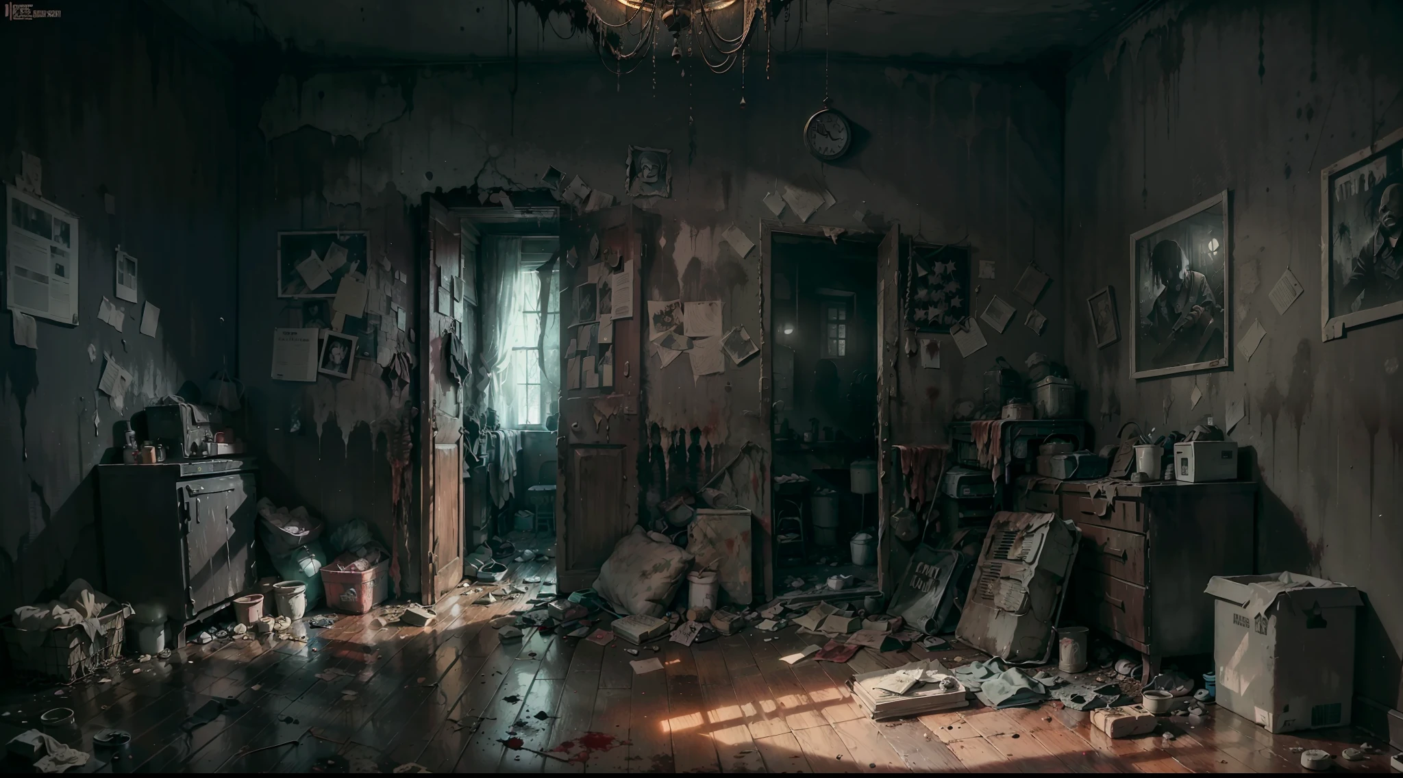 dark scene, long shot, a dirty and dark disgusting house, dark and gross room, horror scene, darkness, terrific, bloody, dirty, dark mood