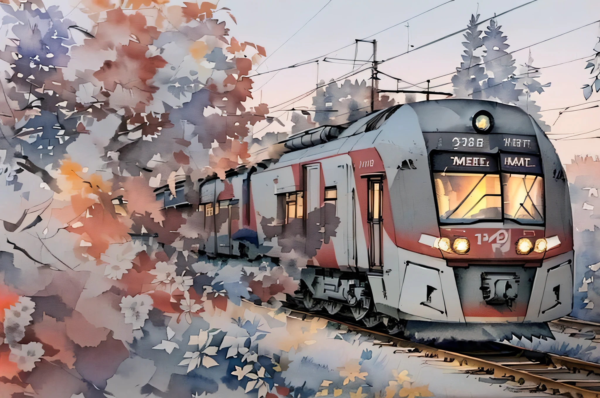 ( watercolor \ (medium \), drawing, IrisCompiet: 1.2), painting red and gray Russian electric train swallow rides along the tracks, in the foreground lilac, landscape, sfw, railway, in nature, beautiful, picturesque landscape, high detail train