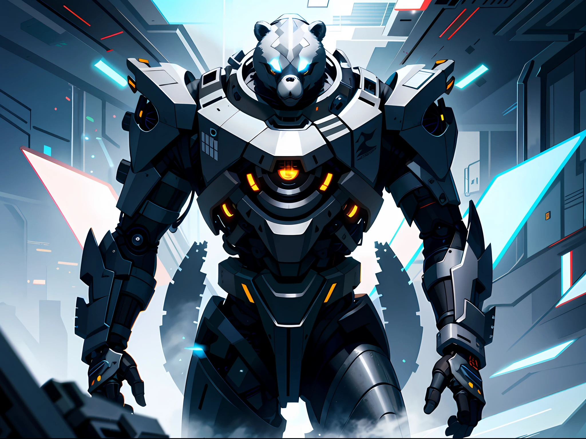 Highest quality, high resolution, illustration, mechanical bear, mechanical tech atmosphere, gray silver black, unique design, wear effect, eye highlight, bright light source.