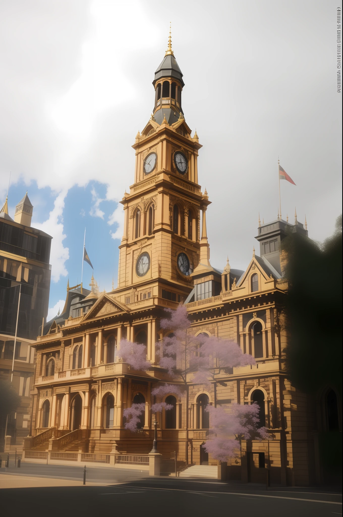 Chippendale Sydney, Sydney's central station, has a large building with a clock tower at the top, inspired by Sydney's Pliar Hall, with very ornate and impressive architecture, exquisitely ornate and stacked images, very ornate, Melbourne, inspired by George Pirie, Parliament House, City Hall, luxury buildings, ornate architecture, Victorian buildings, In the style of speed painting, inspired by the clock tower, light bronze and dark amber, volumetric lighting, correction and emphasis of decoration and window details, magnificent composition, detail enhancement, detail enhancement. Realistic lighting, HD details, masterpiece, highest quality, (highly detailed CG Unity 8k wallpaper), (highest quality), decoration details --auto --s2