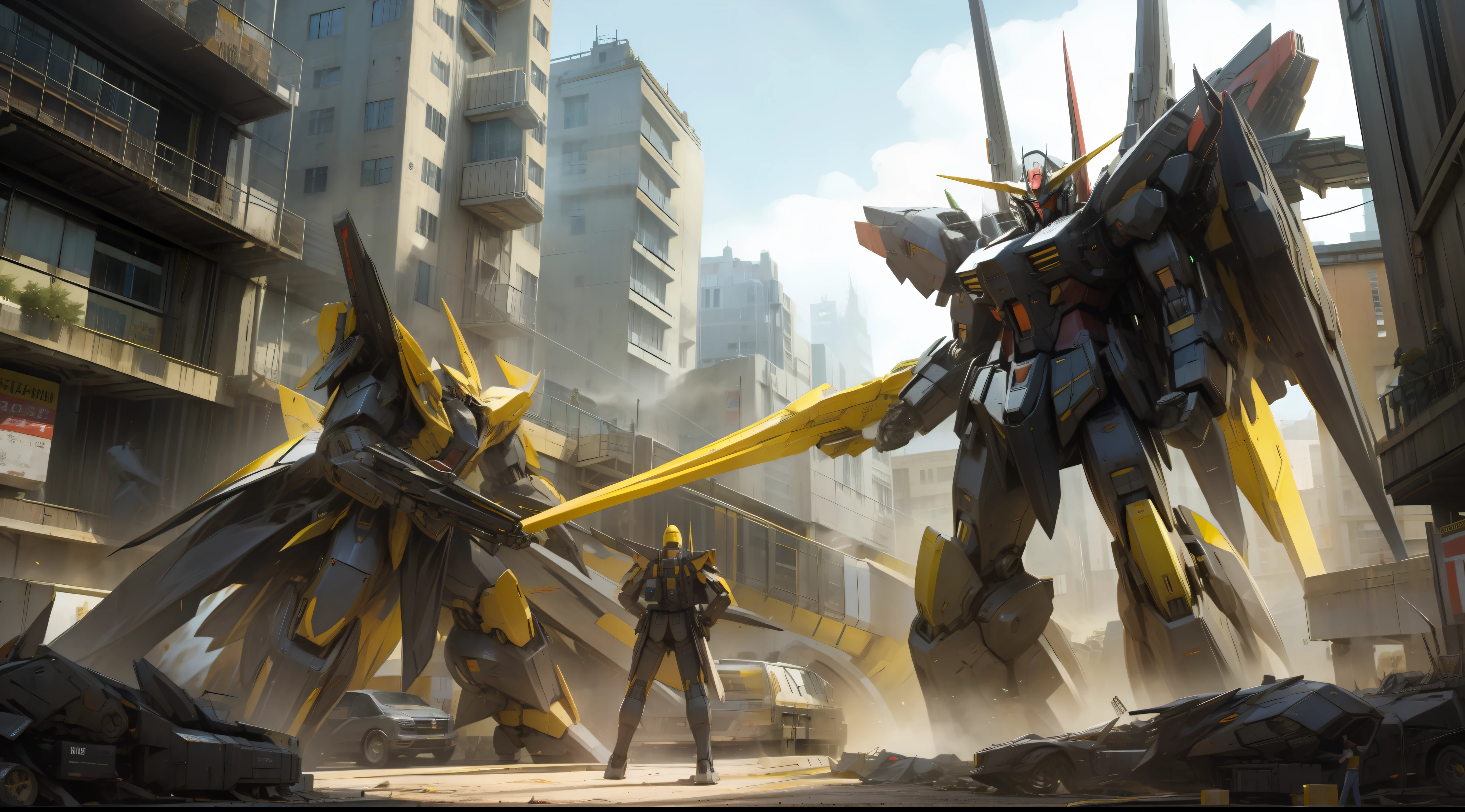 yellow and black, a mecha war in a giant city