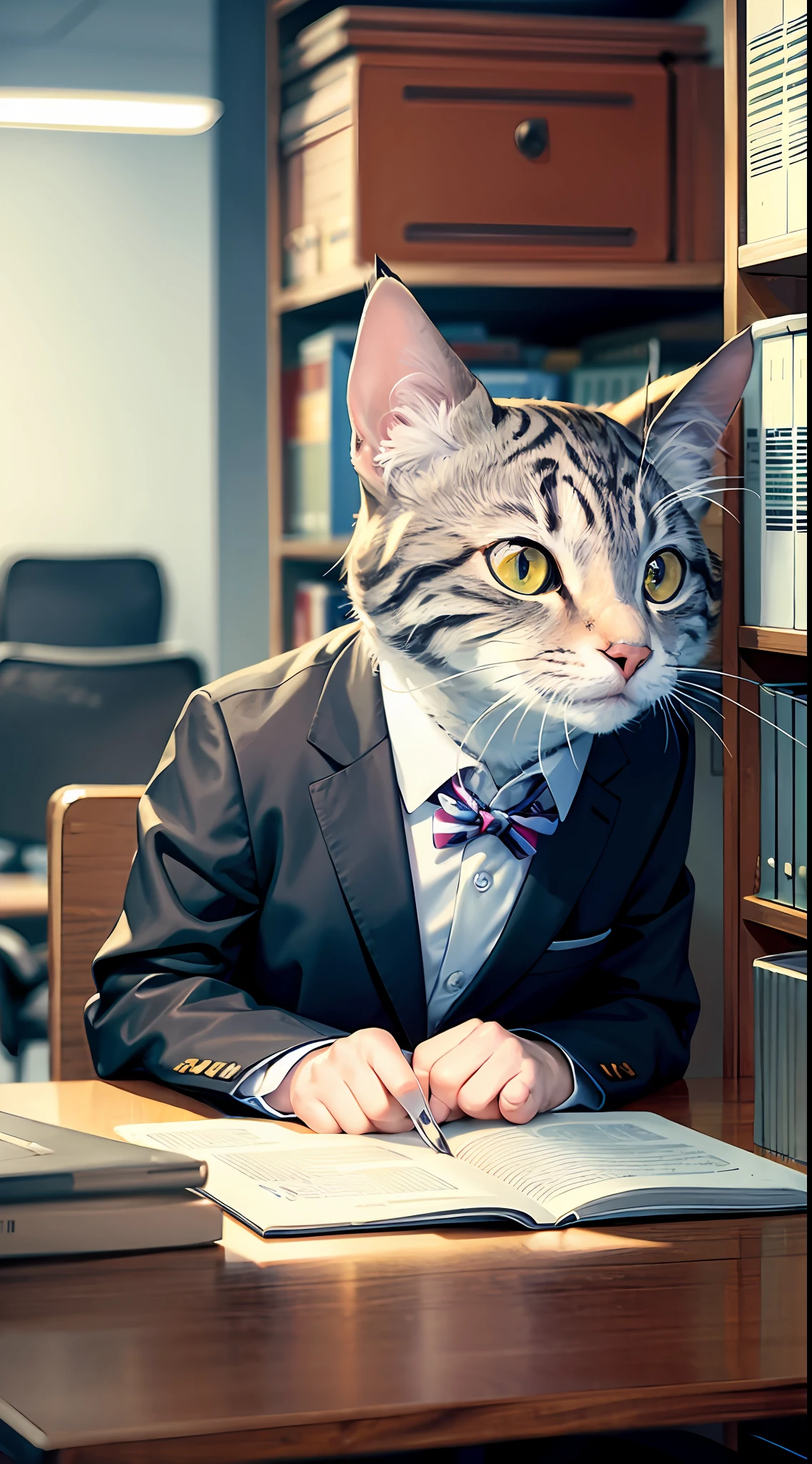 sad and tired Cat in office suit, sitting, masterpiece, high quality, high resolution,HD,