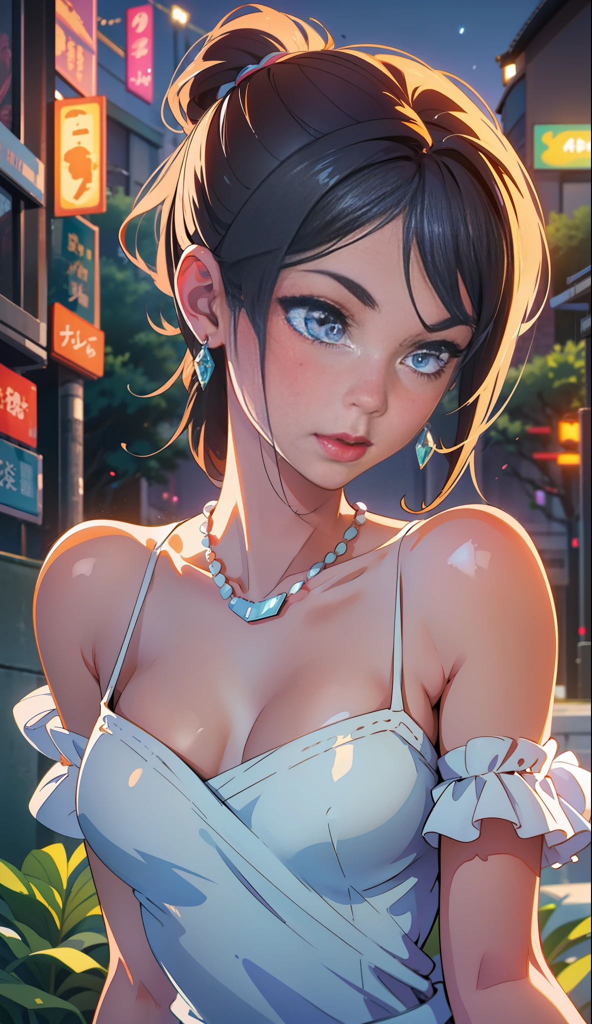 From the side, hip-up,(addielyn)), side pose, random posture, night time, (very delicate and beautiful work), (masterpiece), 1girl, streetwear, very detailed, ponytail contortion, attractive look, beautifully clear eyes, blue eye pupil, delicate pearl necklace, delicate earrings, simple blurred background, very detailed description, beautiful, attractive, Ultra fine painting, delicate face, delicate figure, fine collarbone, lovely lips, soft back, mix4, (8k, RAW photo, top quality, masterpiece: 1.2), (realistic, photorealistic: 1.37), 1 girl, cute, cityscape, night, rain, wet, professional lighting, photon mapping, radiosity, physically based rendering, on the waist,