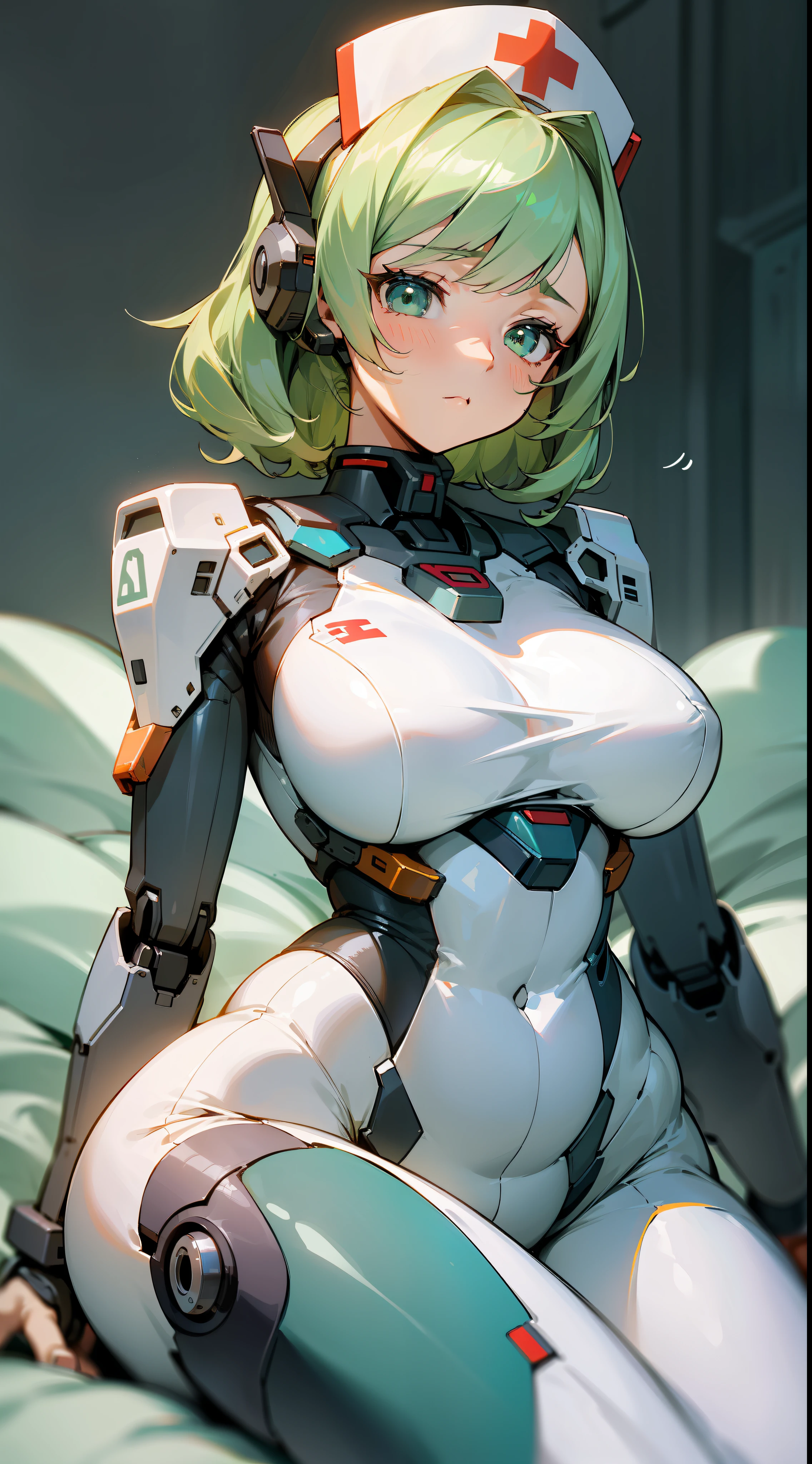 (Mecha Girl), ((Robot Mech)), (Plump body), (Nurse's uniform), (larger breasts), (Highest image quality), (Light green hair brushed gently across her shoulder.), It adds a freshness and affinity to her, On her broad forehead, Light sweat seeps out, shows traces of her hard work), In the light of the medical room, Mecha Girl 2's slender and delicate figure shows her softness and beauty. She wears a close-fitting white medical gown, The lines of the clothes lightly outline her graceful figure, Showcasing her unique qualities., Mecha Girl 2 has a plump and slender figure, The slender waist forms perfect proportions with the voluminous bust. Her medical gown snugs snugs and stretches over her body, Highlight her striking curves. Although she is timid and sensitive, But her body language reveals a confident and restrained charm., Her skin is white and delicate, Smooth as white jade. Delicate fingers deftly operate the instruments during the medical process, Demonstrate her technical proficiency and professional ability. She had a light nail polish on the tips of her fingers, It adds a touch of feminine coquettishness., While Mecha Girl 2 is concentrating on healing her teammates, Her brow furrowed slightly, Show her rigorous approach to her work., The whole scene, Mecha Girl 2 exists like a guardian angel, Her timidity and sensitivity did not prevent her from carrying out her duties. Her plump figure and delicate appearance formed a harmonious contrast with her ability and gentleness as a fleet physician, It gives a sense of peace of mind and comfort.