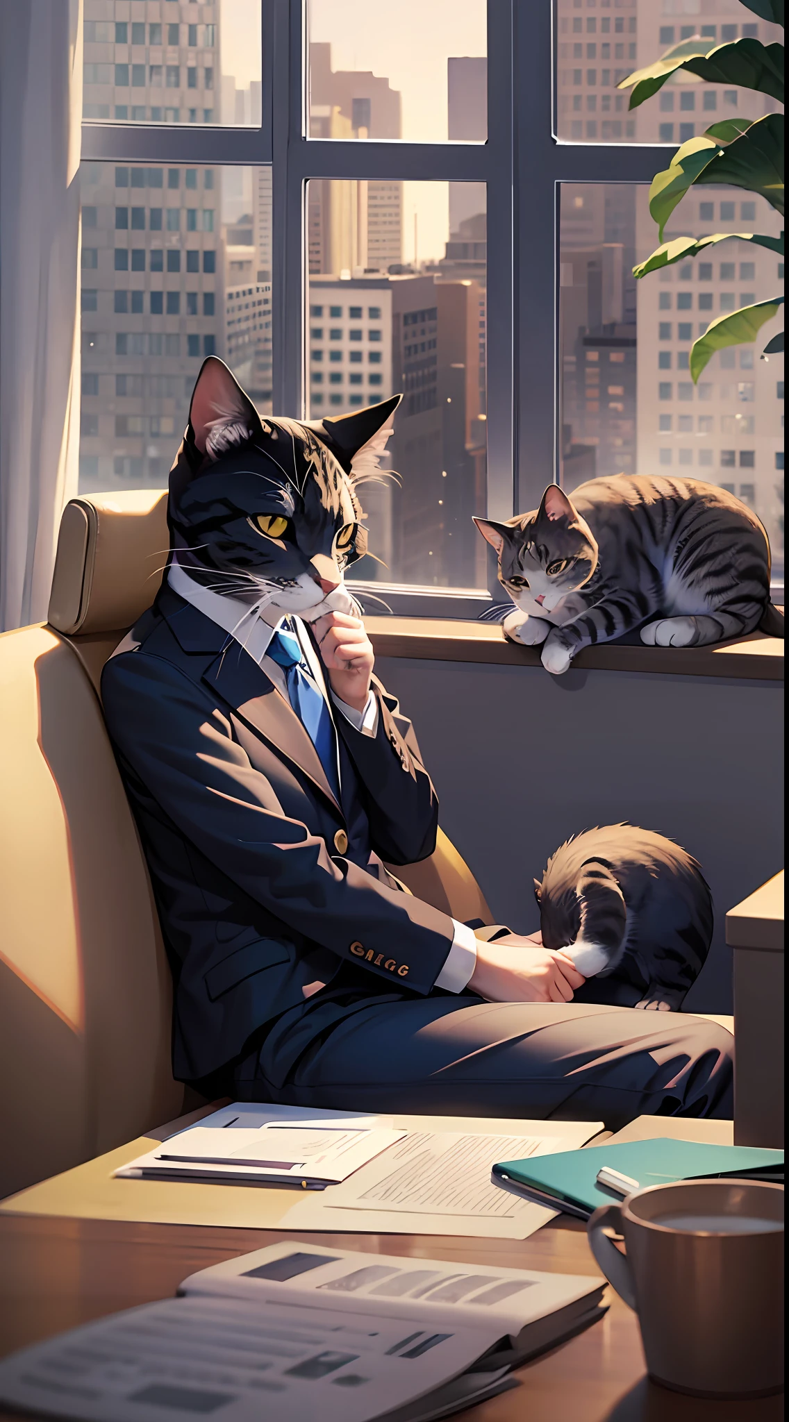 sad and tired Cat in office suit, sitting, masterpiece, high quality, high resolution,HD,