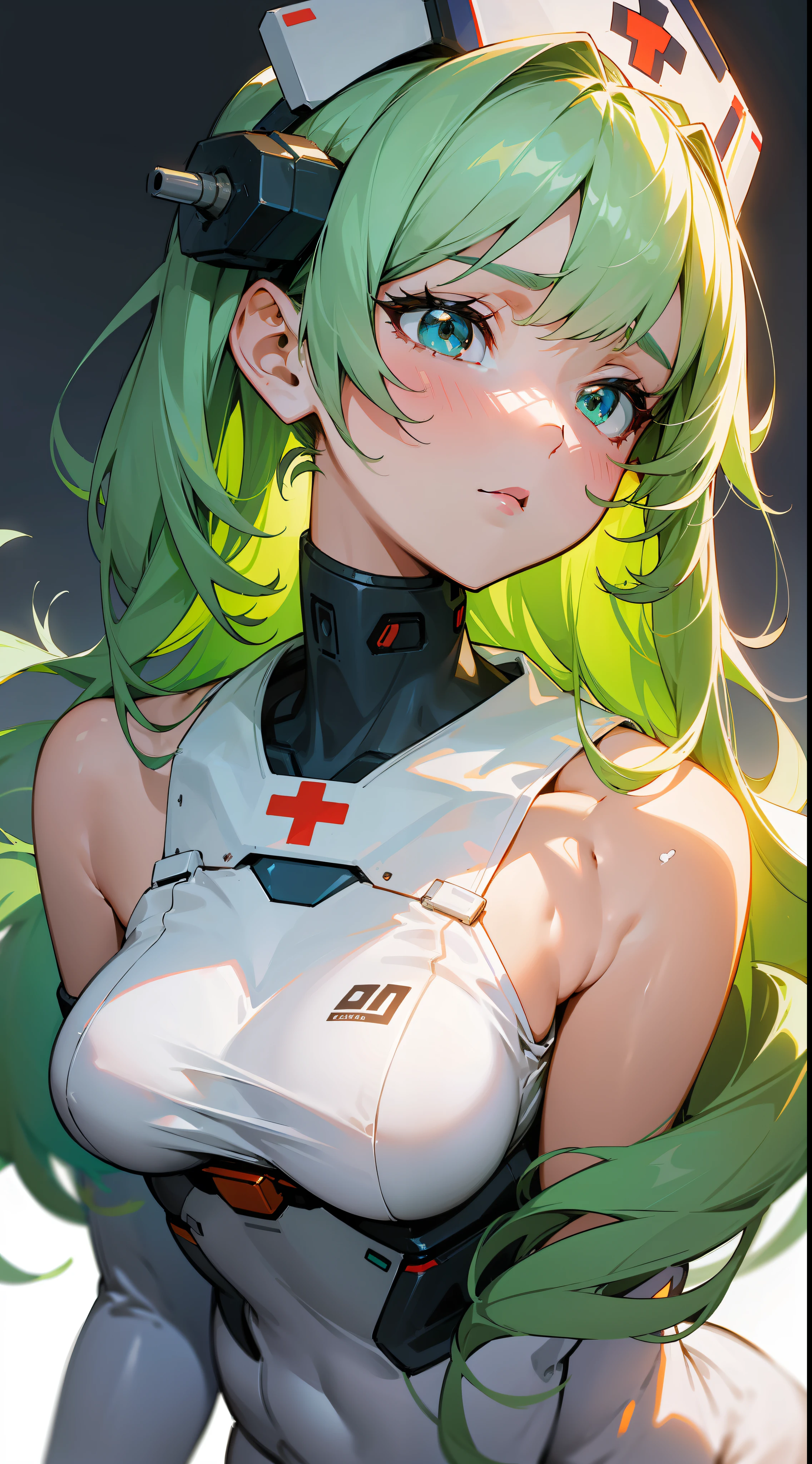 (Mecha Girl), ((Robot Mech)), (Plump body), (Nurse's uniform), (larger breasts), (Highest image quality), (Light green hair brushed gently across her shoulder.), It adds a freshness and affinity to her, On her broad forehead, Light sweat seeps out, shows traces of her hard work), In the light of the medical room, Mecha Girl 2's slender and delicate figure shows her softness and beauty. She wears a close-fitting white medical gown, The lines of the clothes lightly outline her graceful figure, Showcasing her unique qualities., Mecha Girl 2 has a plump and slender figure, The slender waist forms perfect proportions with the voluminous bust. Her medical gown snugs snugs and stretches over her body, Highlight her striking curves. Although she is timid and sensitive, But her body language reveals a confident and restrained charm., Her skin is white and delicate, Smooth as white jade. Delicate fingers deftly operate the instruments during the medical process, Demonstrate her technical proficiency and professional ability. She had a light nail polish on the tips of her fingers, It adds a touch of feminine coquettishness., While Mecha Girl 2 is concentrating on healing her teammates, Her brow furrowed slightly, Show her rigorous approach to her work., The whole scene, Mecha Girl 2 exists like a guardian angel, Her timidity and sensitivity did not prevent her from carrying out her duties. Her plump figure and delicate appearance formed a harmonious contrast with her ability and gentleness as a fleet physician, It gives a sense of peace of mind and comfort.