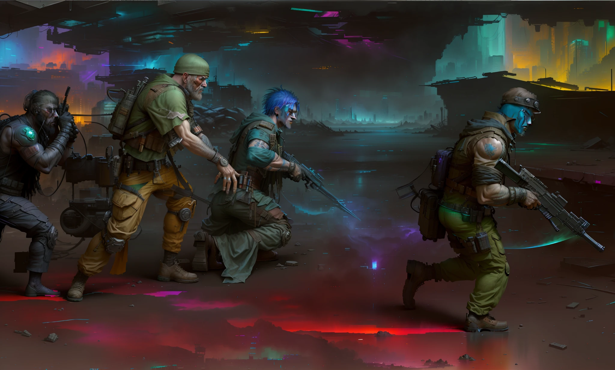 (masterpiece) highly detailed RAW, a post-apocalyptic man, cyberpunk city themed rainbow vivid, hassanfantasy style, by Jeremy Mann and Donato Giancola ultra realistic highly detailed intricate photorealistic