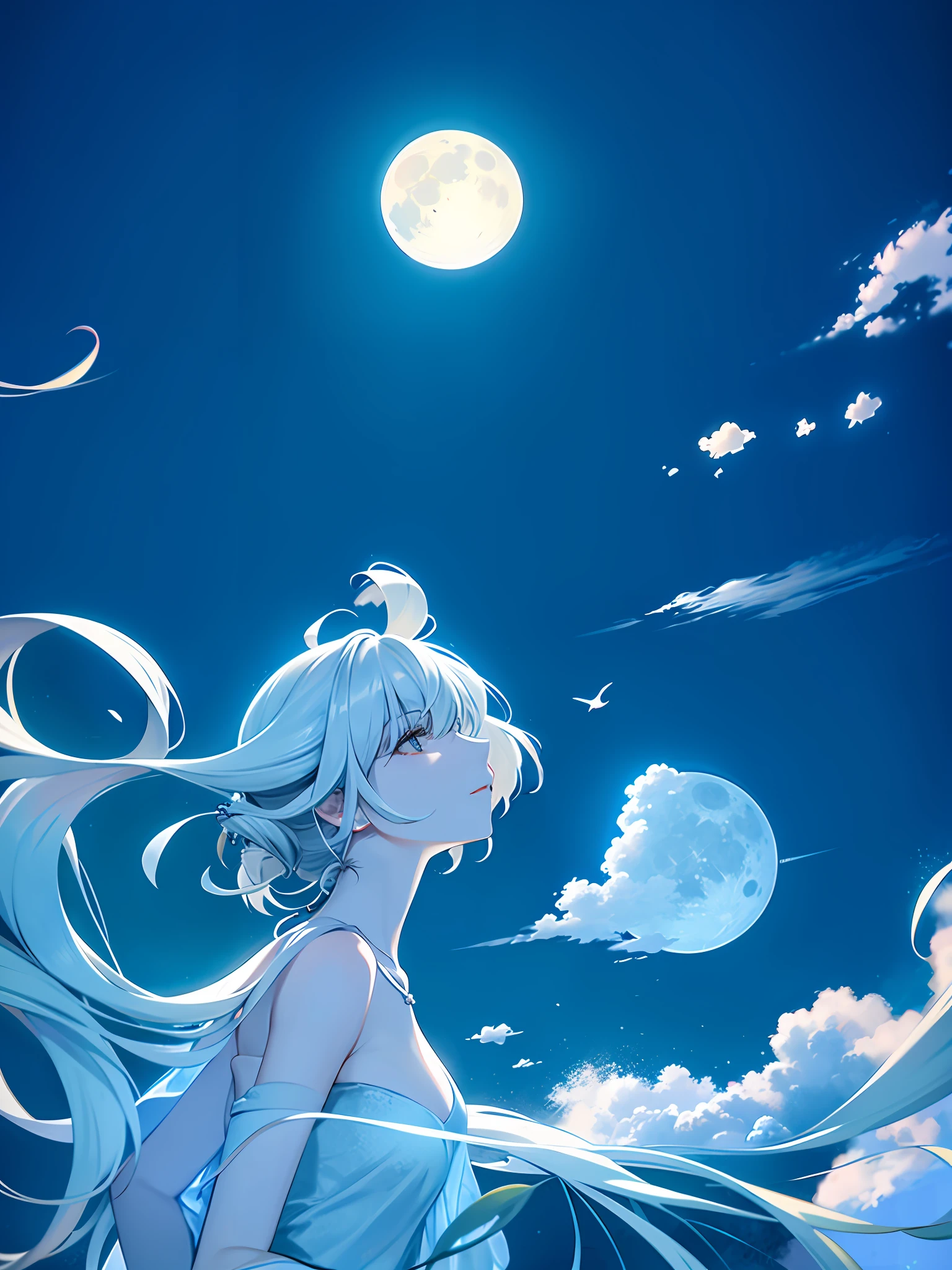 The moon is in the upper right corner, the moon is in the sky, there is only one moon, and the moon is in the background! , fading moon, moon out, (moon in background), waxed moon,