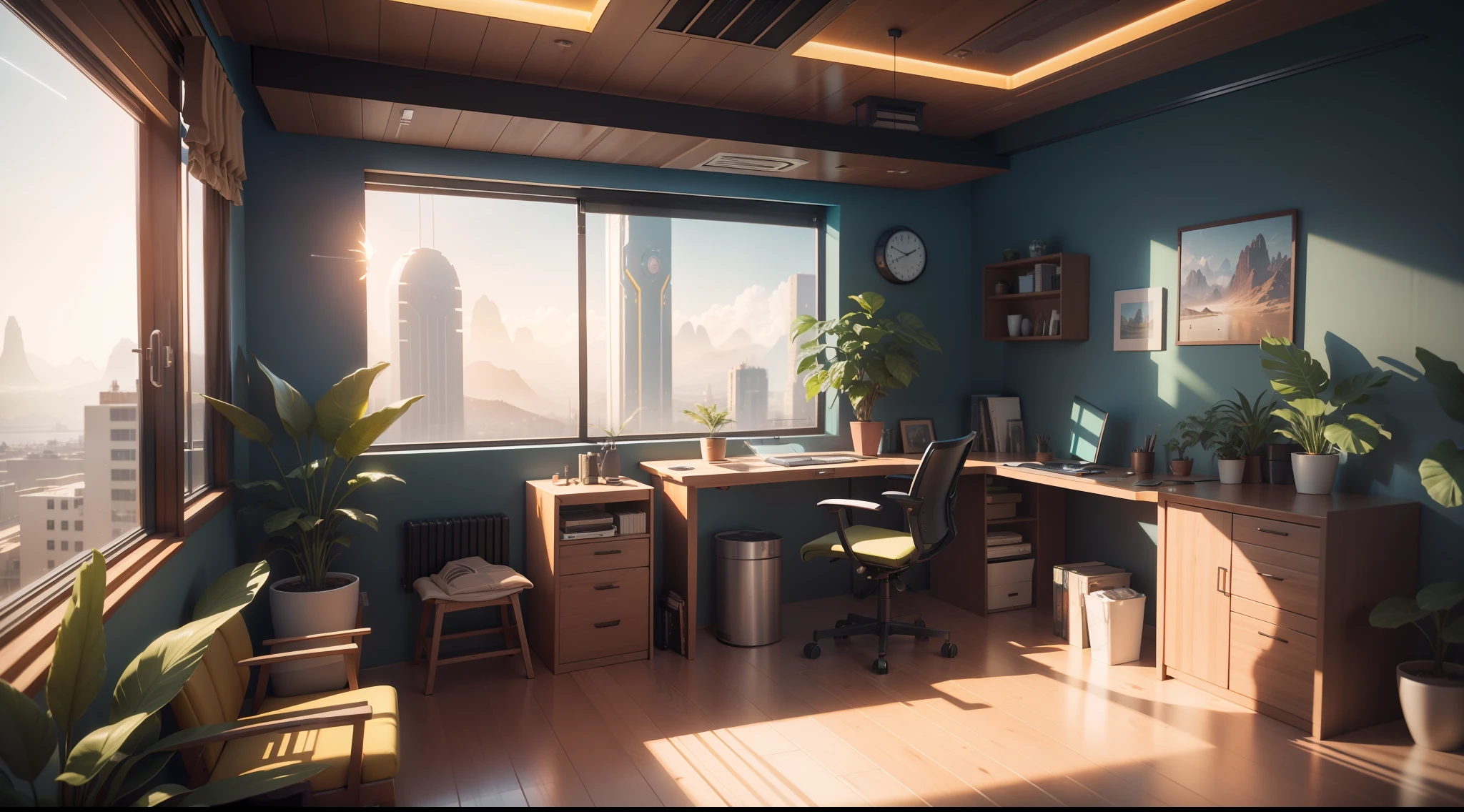 there is a computer desk with a chair and a vase in the corner, CGSOCIETY 9, Jessica Rossier color scheme, retro solarpunk apartment, solarpunk. CG game, rendered in lumion pro, sci - fi interior, octane render : :, rendered in lumion, matte painting of steam engines, from a movie 2 0 1 9 sci fi 8 k, solarpunk, many plants