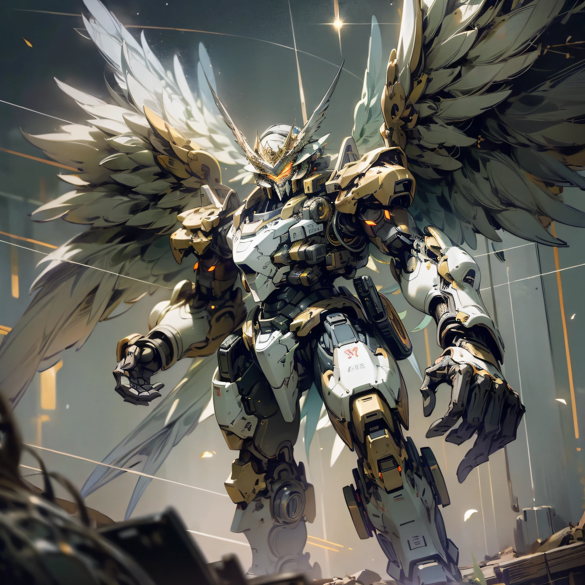 (masterpiece, best quality:1.3),extremely high detailed, intricate, 8k, HDR, wallpaper, cinematic lighting, (universe),gun,(shooting position), glowing, armor, glowing eyes, mecha, large wings, --auto --s2