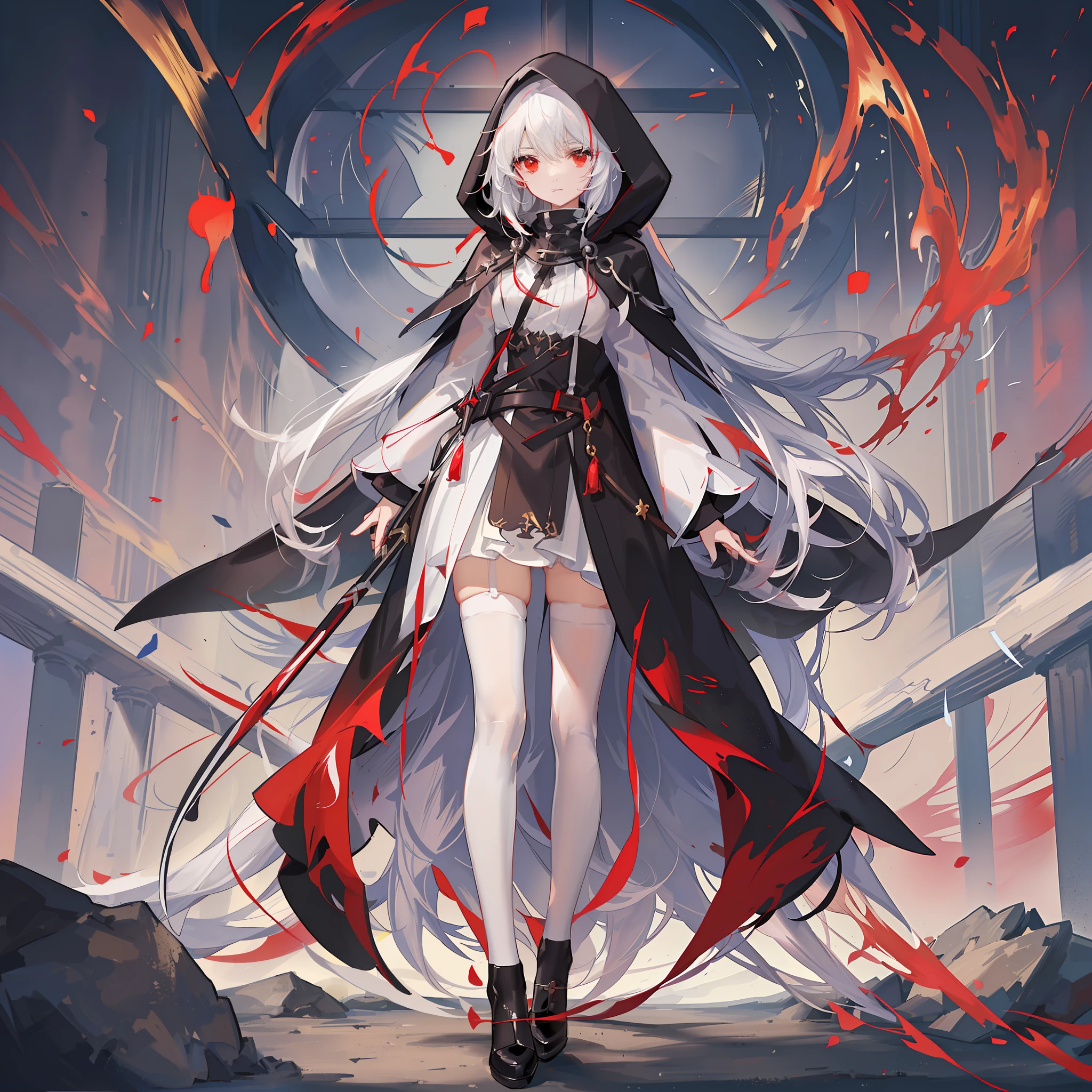 Maiden, white stockings, round red thread striped road black robe, hood, cape, red eyes, long white hair, faint smile, standing posture, full body, mage, holy girl