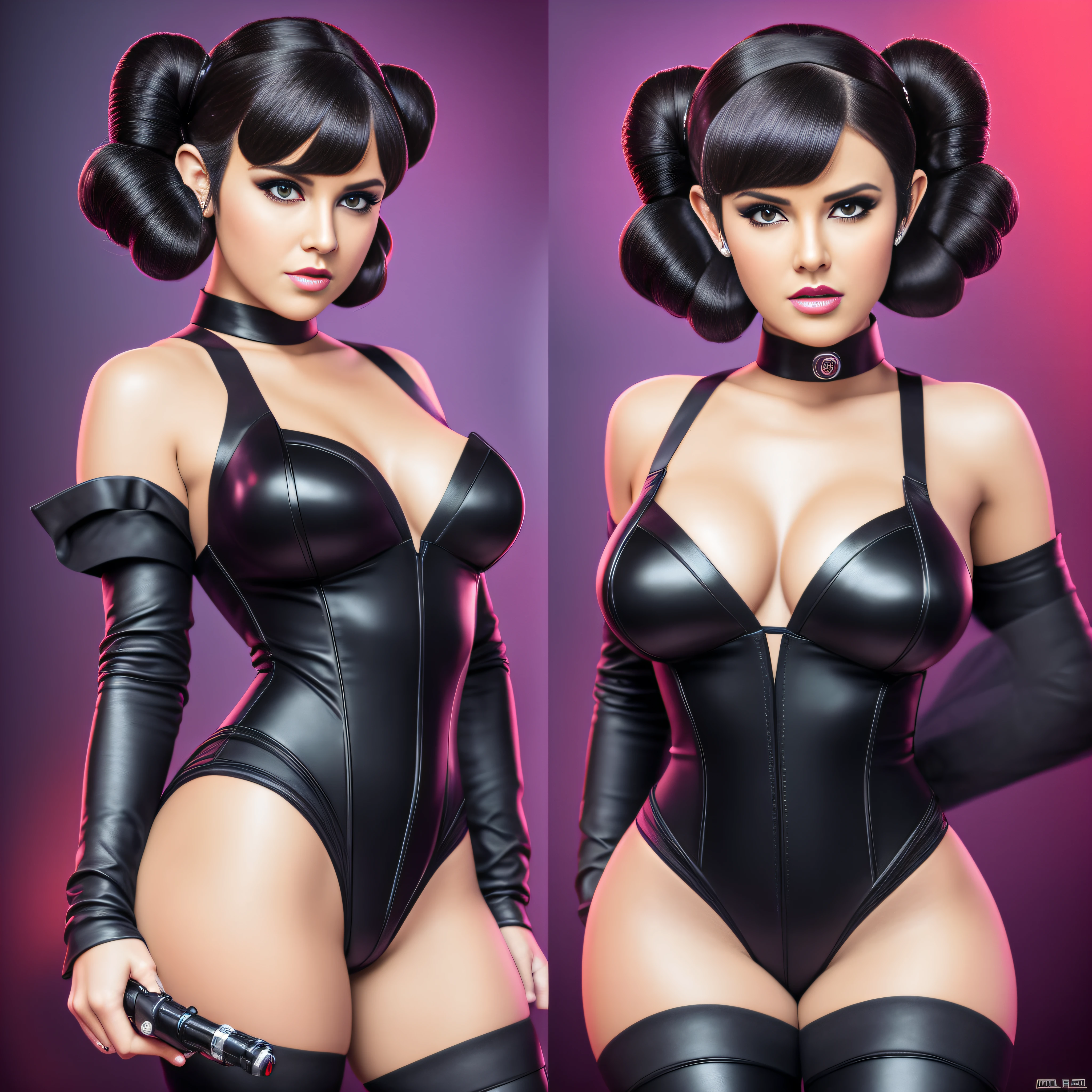 cosplay Princess Leia face mouth teeth open short hairstyle symmetrical muscular body realistic suave seductive pose dramatic Bridaldress gothic lava black spinel ruby silk satin felt leather thick high fashion revealing underwear black hair short hair shaved Indigo Tourmaline "Pro Rendering Ultra Octane Resolution Image Quality Precise Details DSLR Texture 16K DSLR UHD HDR XT3" Retina "star wars" "Unreal Engine 5"