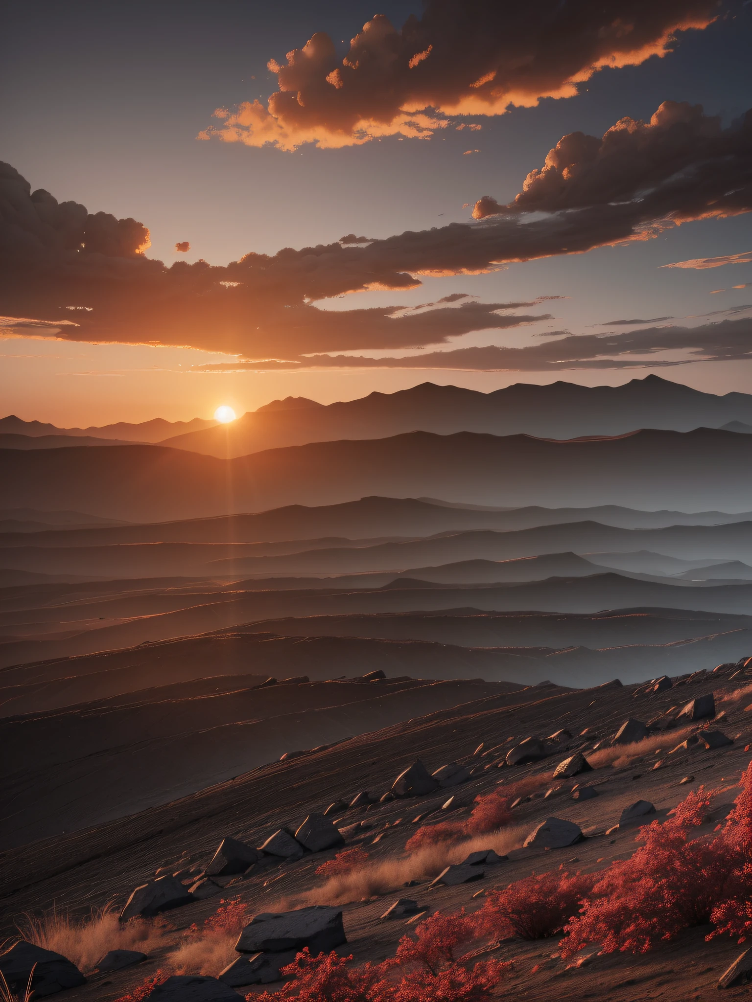 there is a lifeless black scorched earth with stones to the horizon and a mountain range in the distance (masterpiece), (best quality), CG 8k wallpaper, evening landscape, black, gray, red tones, setting sun, burnt tree trunks, cracks, stones
