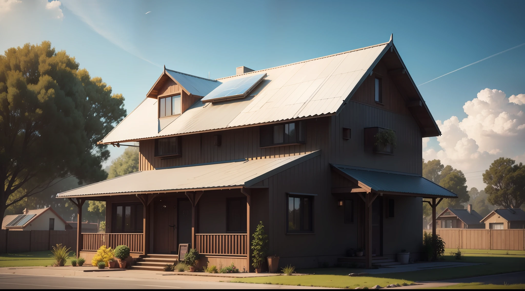 Exterior view of a solarpunk house, vibrant, photorealistic, realistic, dramatic, dark, sharp focus, 8K