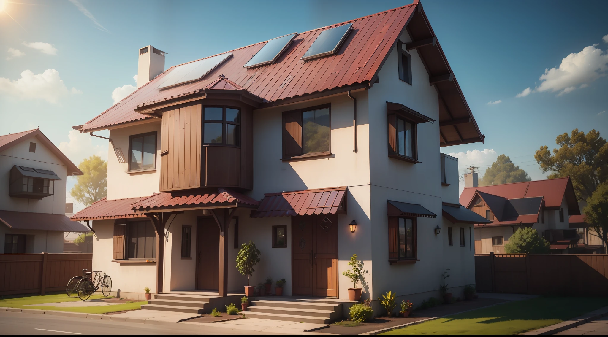Exterior view of a solarpunk house, vibrant, photorealistic, realistic, dramatic, dark, sharp focus, 8K