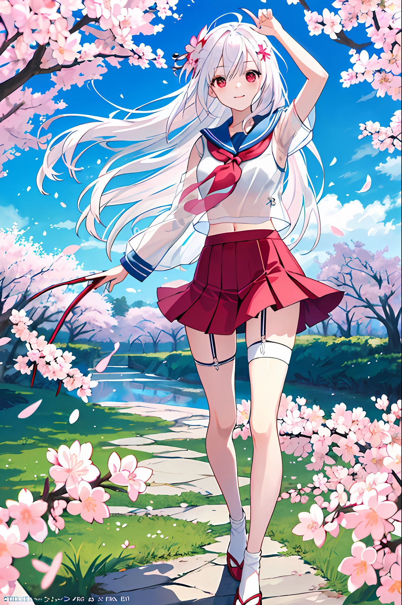 (Highest picture quality), (Master's work),(Detailed eyes description),(Detailed face description),
1girl,red eyes,white hair,(very long hair),very long hair (floating in the wind),hair ornament, looking at viewer, looking back, transparent japanese-uniform, transparent sailor suit, semi-transparent shirt, see-through shirt, very short skirt, (visible lingerie), visible bra, visible panties, garter belt, visible navel, arms and hands behind back,blush,fluttering grass,(spring,sakura blossoms),petals,(lens flare),altocumulus,dazzling light,cool breeze,(shade) of [a sakura tree],meadow,(the grass is growing and the birds are flying),(lake,surface reflection)
(magazine:1.3), (cover-style:1.3), fashionable, woman, vibrant, lingerie, posing, front, colorful, dynamic, background, elements, cute, expression, flirty, seducing, holding, statement, accessory, majestic, coiled, around, touch, scene, attention-grabbing, larger, striking, modern, trendy, focus, fashion, back-view, finger pointing at face, holding skirt up