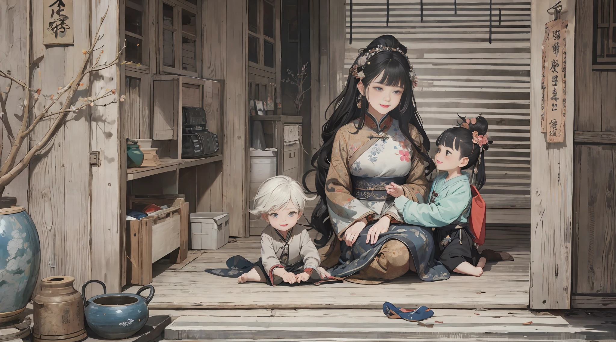 {{masterpiece, best quality, extremely detailed CG, unity 8k wallpaper, cinematic lighting}}, traditional Chinese ink painting,
traditional Chinese ink painting, 2 girls, 1boy, 2 women and a 1 boy sitting on a bench, aunt mother and son, with , innocent boy, smiling mother and aunt, happy family,