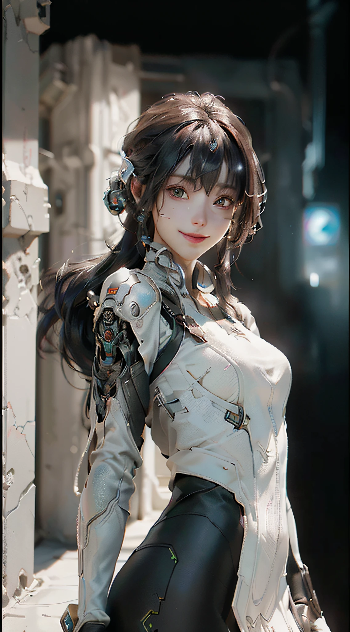 (Best Quality), ((Masterpiece), (Detail: 1.4), 3D, A Beautiful Cyberpunk Female Figure, Smile, HDR (High Dynamic Range), Ray Tracing, NVIDIA RTX, Super-Resolution, Unreal 5, Subsurface Scattering, PBR Textures, Post-processing, Anisotropic Filtering, Depth of Field, Maximum Sharpness and Sharpness, Multi-layer Textures, Albedo and Highlight Maps, Surface Shading, Accurate simulation of light-material interactions, perfect proportions, Octane Render, two-color light, large aperture, low ISO, white balance, rule of thirds, 8K RAW,