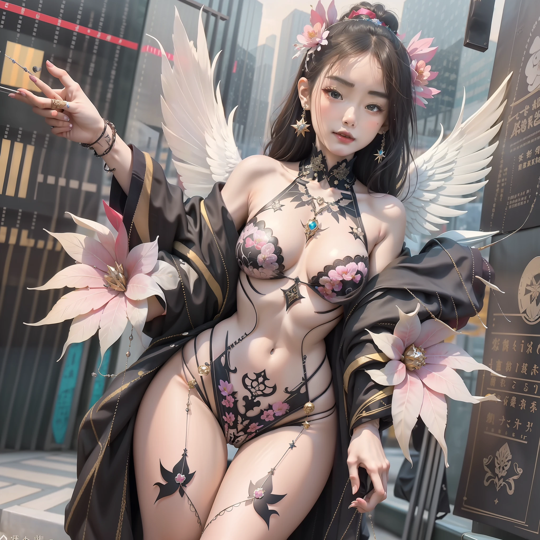 Masterpiece, fantastic girl on tarot cards, exquisite transparency, angel wings, sparkling universe, cyberpunk, full body, cute, sexy, very extreme and detailed details, charming beautiful Japan person's face, sparkling jewelry piercings, without broken limbs, clean fingers, zentangle tattoo, floral ornament, star, lace ornament, high-quality texture