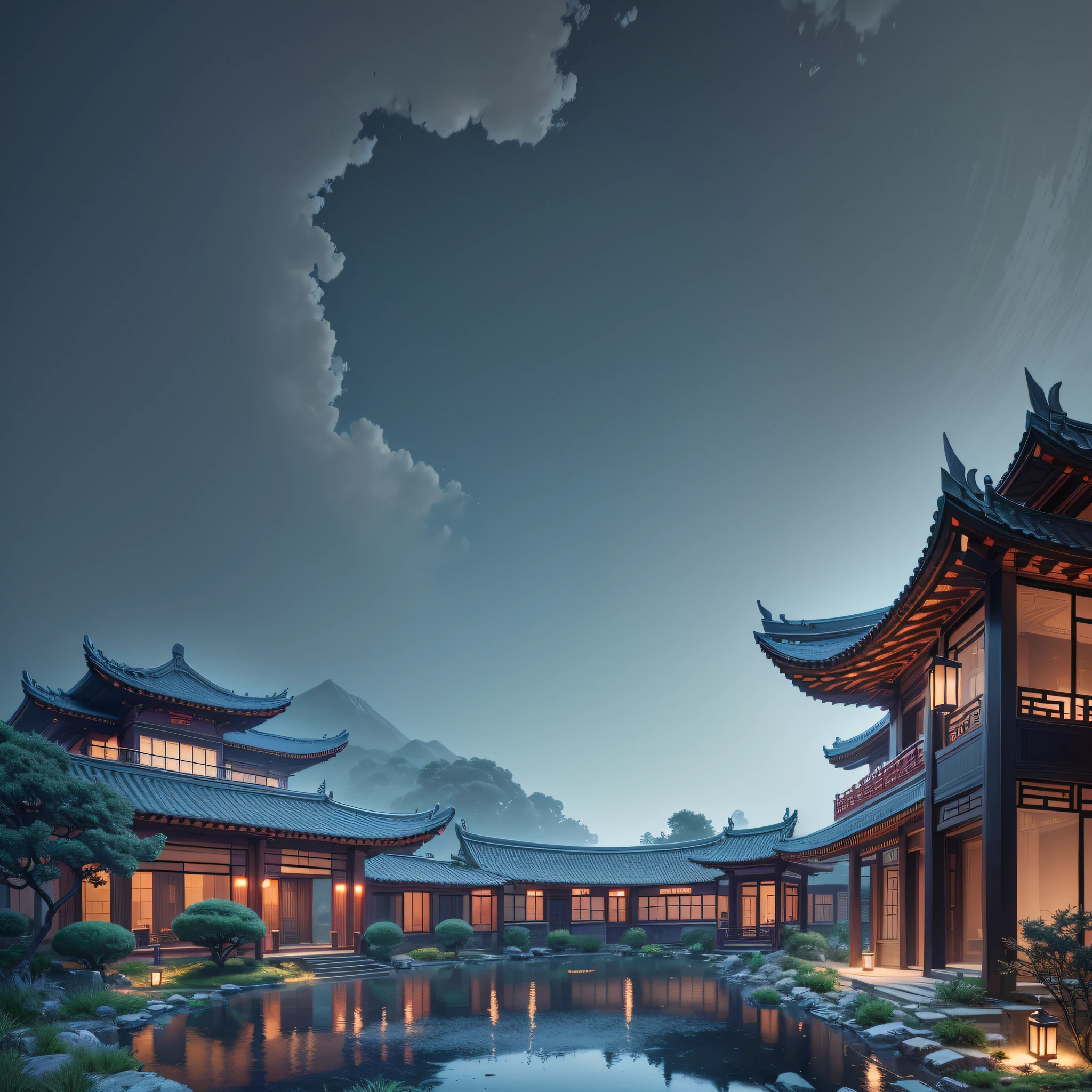 Chinese style house, two floors, modern, big roof, modern materials, large glass wooden door, large courtyard, natural garden, aquarium, dry garden, small stone bridge, green trees , stone lamps, chinese decoration, night scene, rainy night, moonlight, enjoying tea, peaceful scene, large view from the garden looking in, true picture, deep color, 8k, high detailed , beautiful and aesthetic, photography, cinematic, beautifully, hyper realistic photo, amazing wallpaper --auto --s2