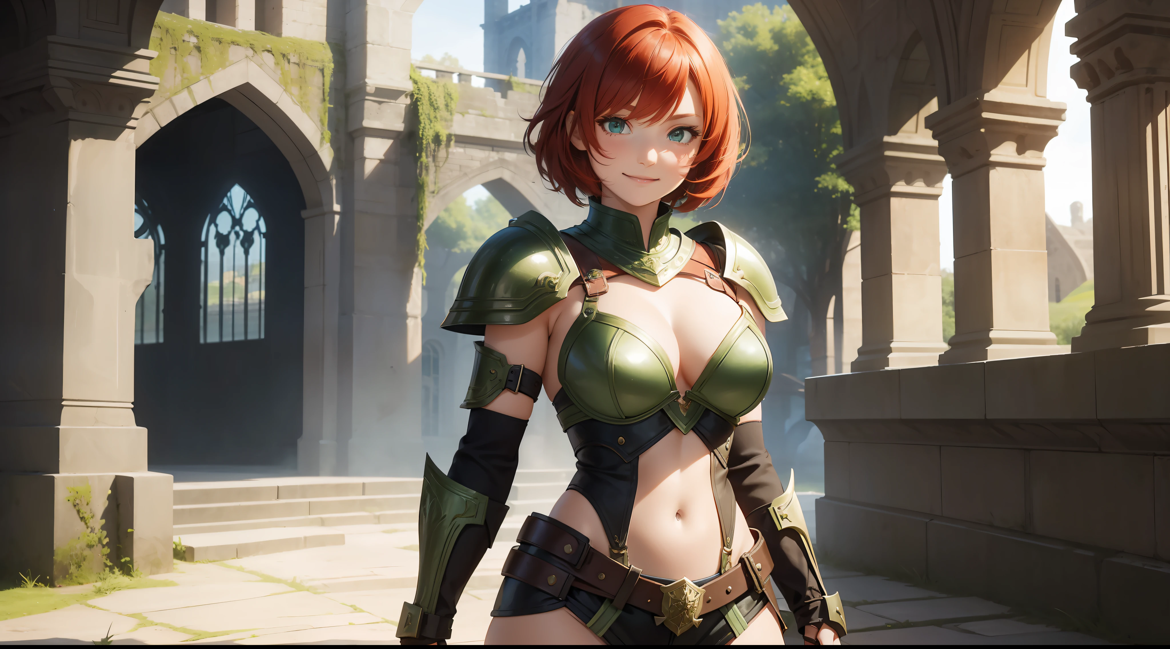 a girl, warrior, redhead, short hair, bright green eyes, beautiful breasts, hair between eyes, bangs, full body, confident, heroic posture, smiling, leather armor, fantasy, medieval, rays of sun