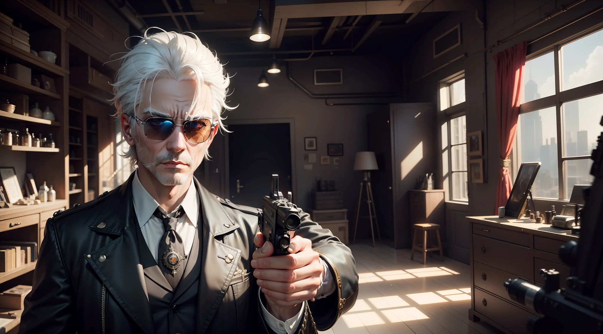 /Imagination Tips: Illustration In the room, white-haired gangster in sunglasses points a gun at the camera, fierce::15, white-haired gangster: :13, gun in hand::15, rule of thirds composition:::8, close-up view::15, first-person perspective::12, Unreal Engine::15, studio lights::8, beautiful lights::13, cinematic light::12, bold and bright::10, dramatic::13, super quality::12, steampunk cityscape::14, Steam-powered machinery: 12 --seed 32455 --s 400 --q 2 --c 40