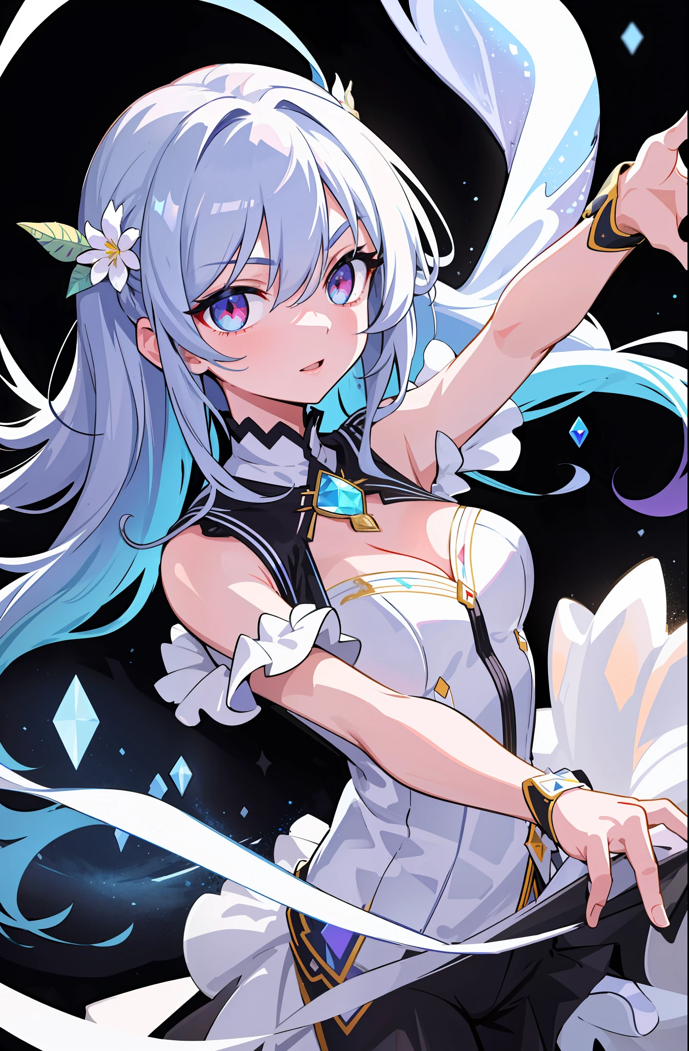 (finely detailed, distinct image, ultra resolution, extremely amazing detailed, awesome detailed), subsurface scattering, best ratio four finger and one thumb, masterpiece, best quility, high_quality, 1girl, solo, prism eyes, prism hair, prism, serious, [silver|white] + (blue:-0.3) hair, blue+red eyes, gradient eyes, multicolored eyes, The calming, upper body, glowing, glowing eyes, glowing white particles, glitter, bloom, fantasy, cave,