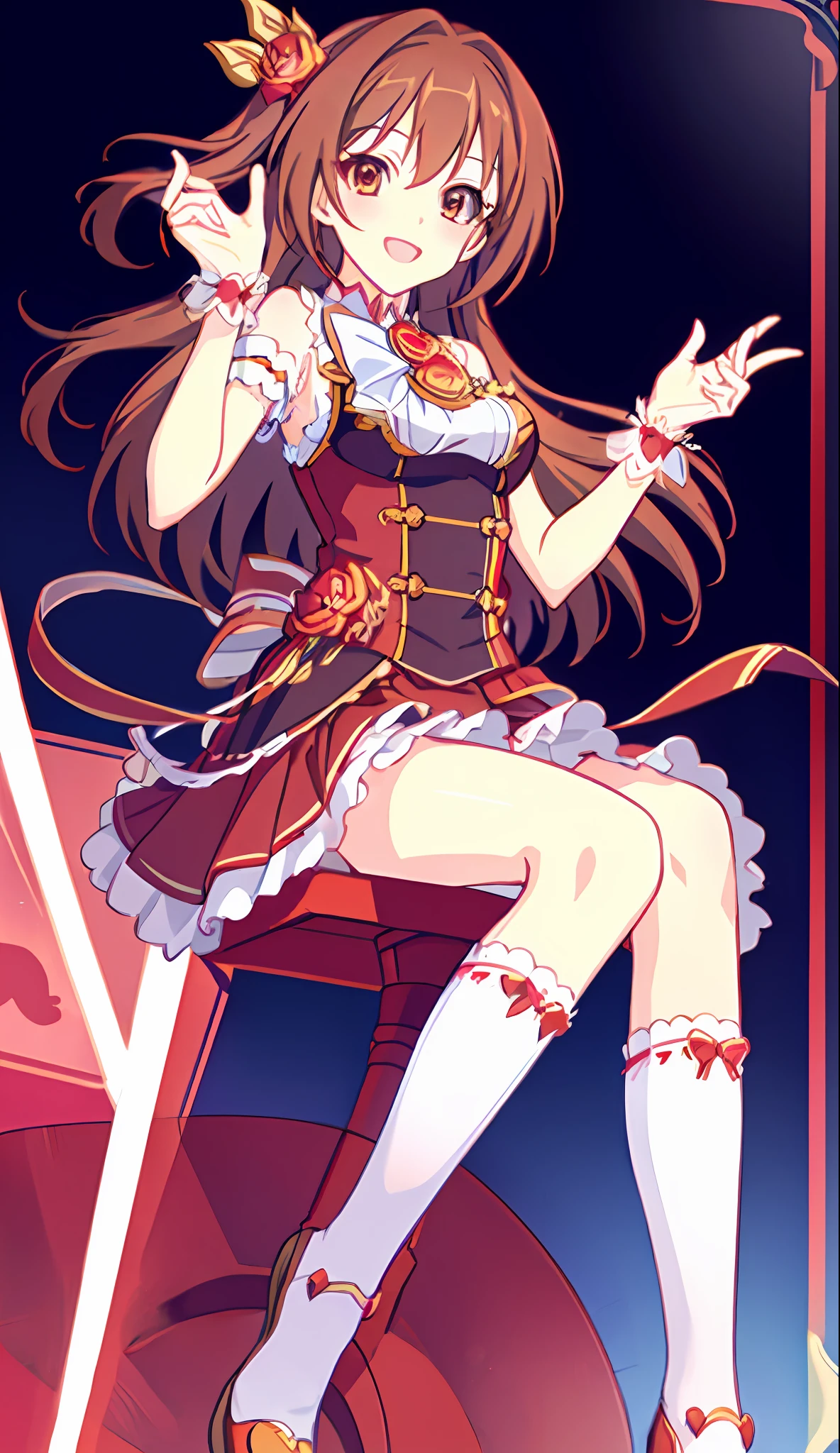 18 Love Beautiful Girl, Masterpiece, Top Quality, 8K Anime, Detailed Fingers, Precise Fingers, Unnatural Hands, Illustrations, 1 Girl, Solo, Brown Long Hair, Red Idol Costume, Red Mini Skirt, Red Sex Eyes, White Knee Socks, Nozomi,