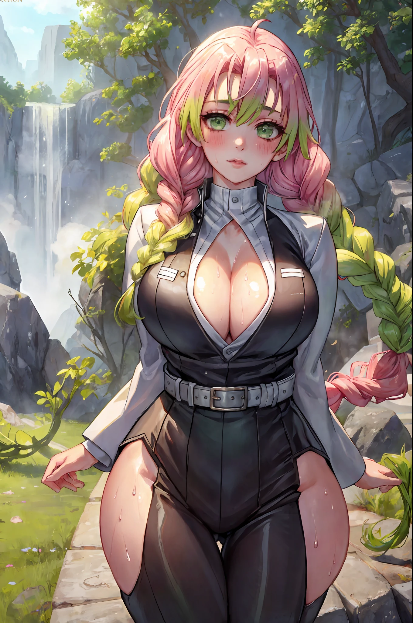 beautiful, (best quality, masterpiece, super detailed: 1.5), perfect lighting, shiny, hires, nature, cobblestone, steam, blue sky, in the distance, whole body, face focus, 1girl, Mitsuri (demon slayer), beautiful girl, beautiful face ((Mitsuri (demon slayer))), a girl with long green-pink gradient hair and green eyes in a long-sleeved jacket with a neckline, white haori, a black skirt with a silver belt and green striped hips,   pink hair, green hair, gradient hair, multicolored hair, long hair, bangs, double braids, green eyes, demon slayer uniform, long sleeve jacket, white haori, black skirt, silver belt, green striped thighs, blush, sweat, realistic, chest, wide hips, (thick barbells: 0.9), décolleté, standing, hands behind your back, viewer look, erotica