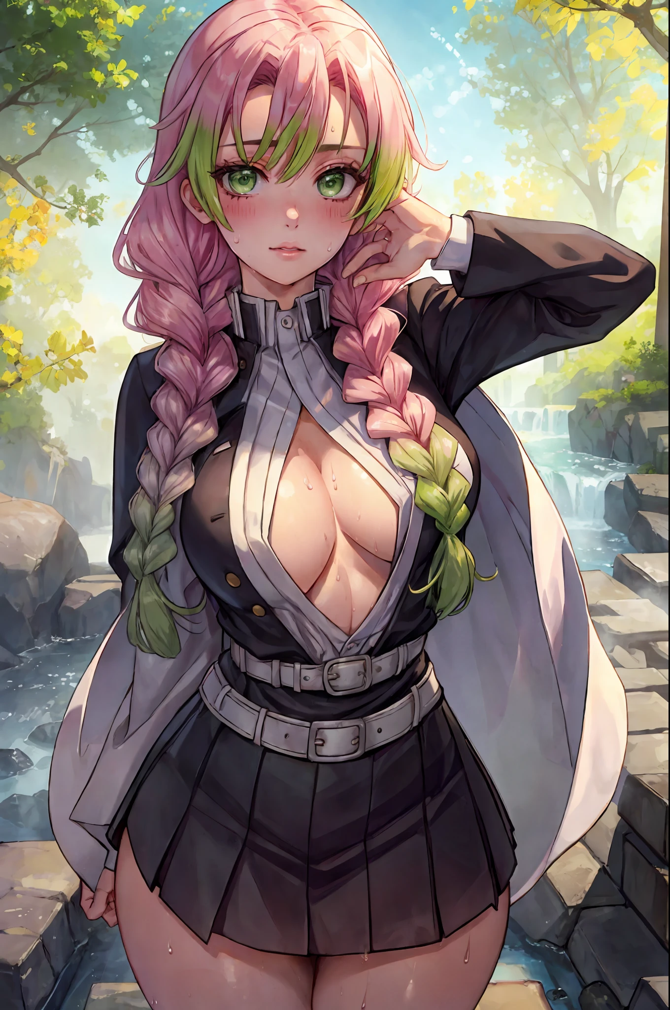 beautiful, (best quality, masterpiece, super detailed: 1.5), perfect lighting, shiny, hires, nature, cobblestone, steam, blue sky, in the distance, whole body, face focus, 1girl, Mitsuri (demon slayer), beautiful girl, beautiful face ((Mitsuri (demon slayer))), a girl with long green-pink gradient hair and green eyes in a long-sleeved jacket with a neckline, white haori, a black skirt with a silver belt and green striped hips,   pink hair, green hair, gradient hair, multicolored hair, long hair, bangs, double braids, green eyes, demon slayer uniform, long sleeve jacket, white haori, black skirt, silver belt, green striped thighs, blush, sweat, realistic, chest, wide hips, (thick barbells: 0.9), décolleté, standing, hands behind your back, viewer look, erotica