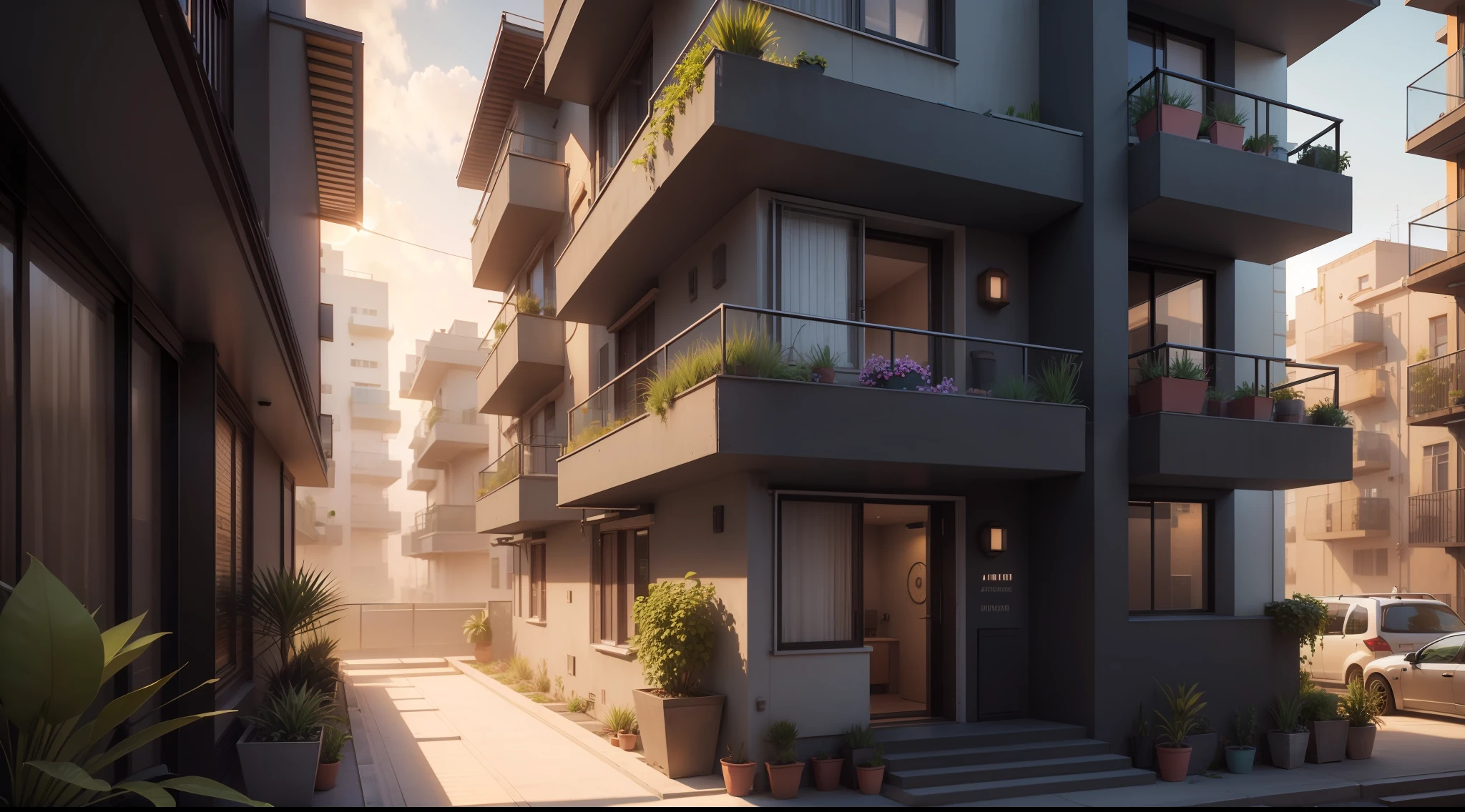 exterior view of a solarpunk apartment, vibrant, photorealistic, realistic, dramatic, dark, sharp focus, 8k