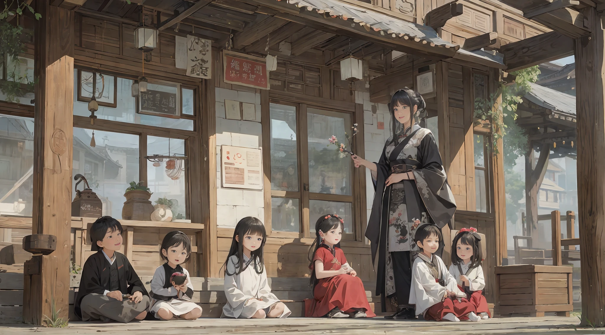 {{masterpiece, best quality, extremely detailed CG, unity 8k wallpaper, cinematic lighting}}, traditional Chinese ink painting, 
traditional Chinese ink painting, 2 girls, 1boy, 2 women and a 1 boy sitting on a bench, aunt mother and son, with , innocent boy, smiling mother and aunt, happy family,