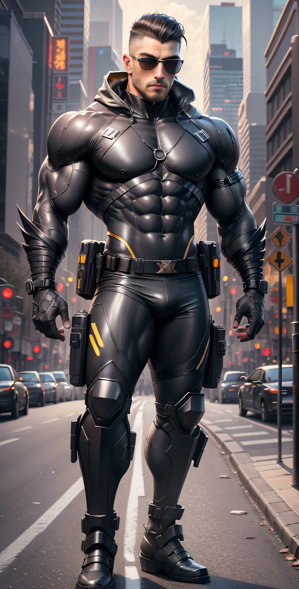 Arad man in black and yellow clothes standing on city street, muscular male hero, Buzz cut, conceptual art like Ernest Khalimov, heroic male pose, muscular! Wearing black sunglasses, cyberpunk, stealth suit, super buff and cool, high resolution commission, jigachard muscle, ernest halimov body, character design police, black army boots, charismatic strong male with armor