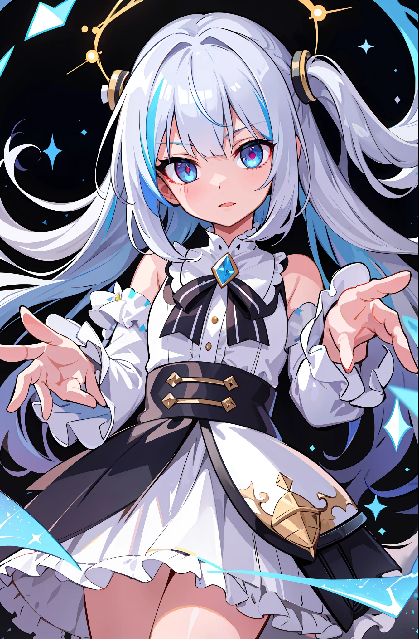 (finely detailed, distinct image, ultra resolution, extremely amazing detailed, awesome detailed), subsurface scattering, best ratio four finger and one thumb, masterpiece, best quility, high_quality, 1girl, solo, prism eyes, prism hair, prism, serious, [silver|white] + (blue:-0.3) hair, blue+red eyes, gradient eyes, multicolored eyes, The calming, upper body, glowing, glowing eyes, glowing white particles, glitter, bloom, fantasy, cave,