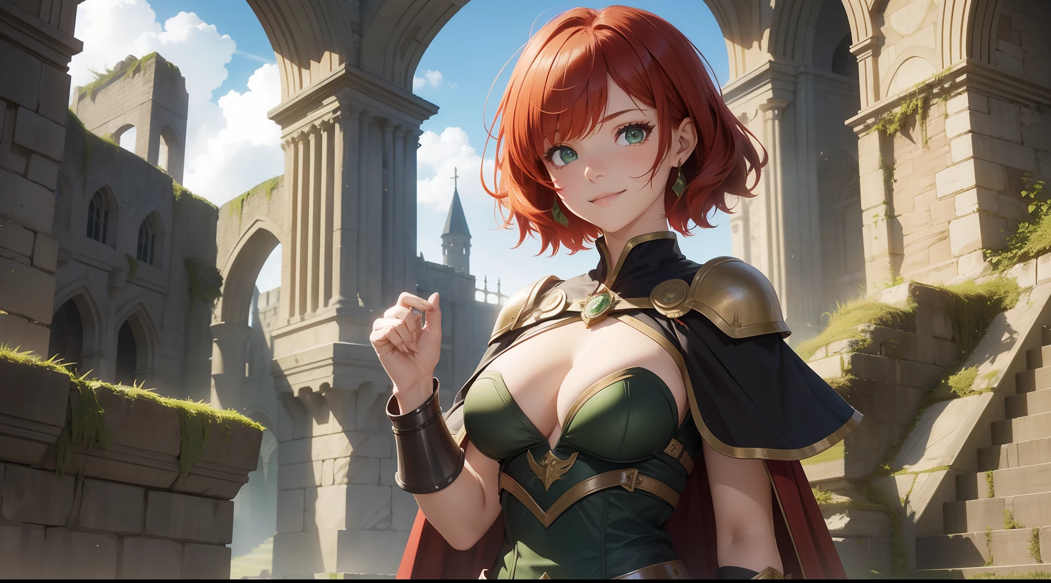 a girl, warrior, redhead, short hair, bright green eyes, beautiful breasts, hair between eyes, bangs, full body, confident, heroic posture, smiling, dark red robes, cape, fantasy, medieval ruins, rays of sun