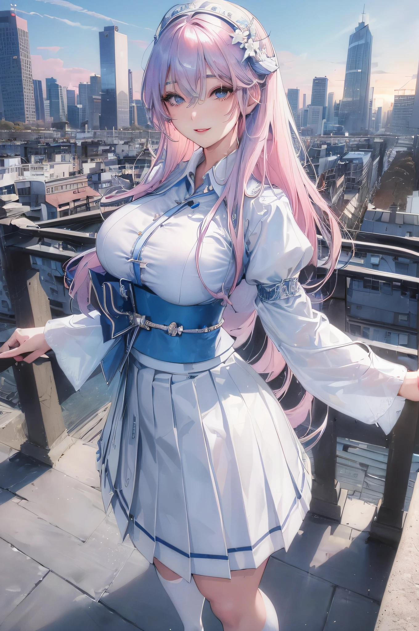 official art, masterpiece, sharp focus, (beautiful gorgeous cute Korean woman:1.3), (beautiful cute korean:1.3), korean beauty, Delicate and beautiful hair and eyes and face, realistic, ultra detailed, beautiful girl, blue sky, glow white particle, (sidelighting:1.2), sun light, white cloud, detailed clouds, slender, Lovely very large breasts and very large hips, smile with teeth, ((smile with eyes, open both eyes)), scenery, long straight hair, sexy facial expression, building, (cityscape:1.7), dynamic hair, long straight hair, detailed platinum pink hair, glow blue eyes, (blue pleated shirts + white skirt), white long socks, pale skin, hair ornament, epic scenery,