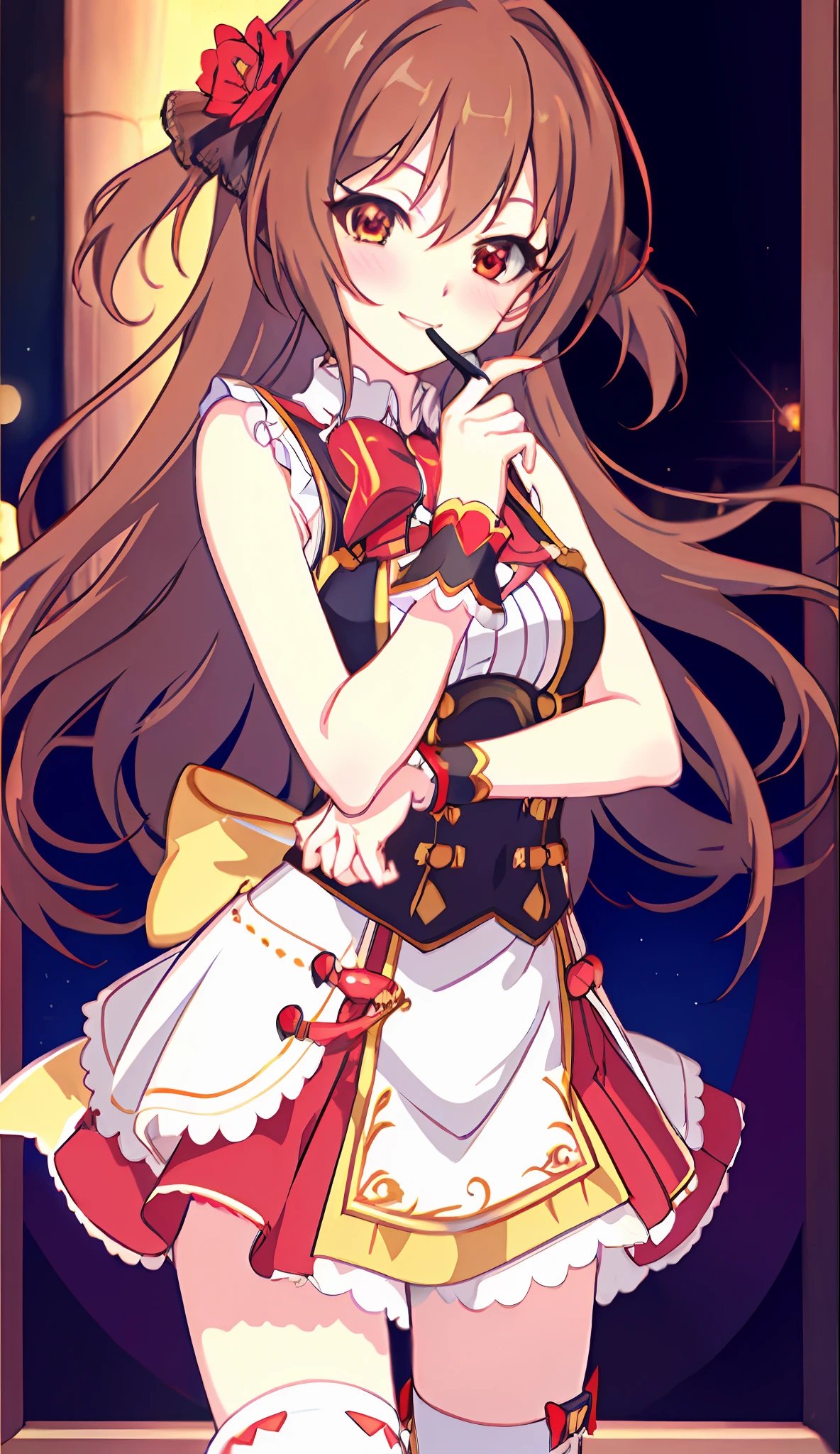 18 Love Beautiful Girl, Masterpiece, Top Quality, 8K Anime, Detailed Fingers, Precise Fingers, Unnatural Hands, Illustrations, 1 Girl, Solo, Brown Long Hair, Red Idol Costume, Red Mini Skirt, Red Sex Eyes, White Knee Socks, Nozomi,