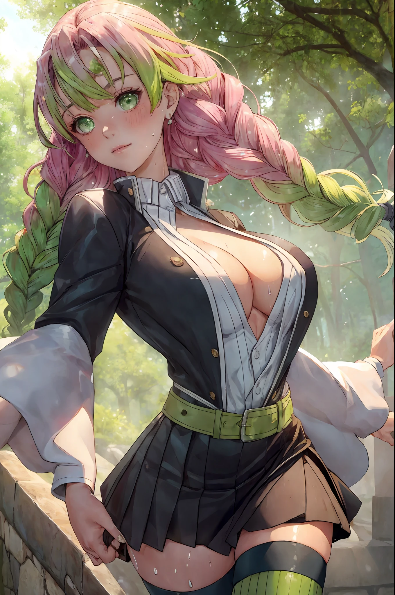 beautiful, (best quality, masterpiece, super detailed:1.5), perfect lighting, shiny, hires, nature, cobblestone, steam, blue sky, from distance, full body, face focus, 1girl, mitsuri(demon slayer), beautiful girl, beautiful face ((mitsuri(demon slayer))), a girl with long green-pink gradient hair and green eyes wearing long sleeve jacket with cleavage a white haori a black skirt with silver belt and green stripped thighhighs, pink hair, green hair, gradient hair, multicolored hair, long hair, bangs, twin braids, green eyes, demon slayer uniform, long sleeve jacket, white haori, black skirt, silver belt, green stripped thighhighs, blush, sweat, realistic, breasts, ass, wide hips, (thick thigs:0.9), cleavage, standing, arms behind back, looking at viewer