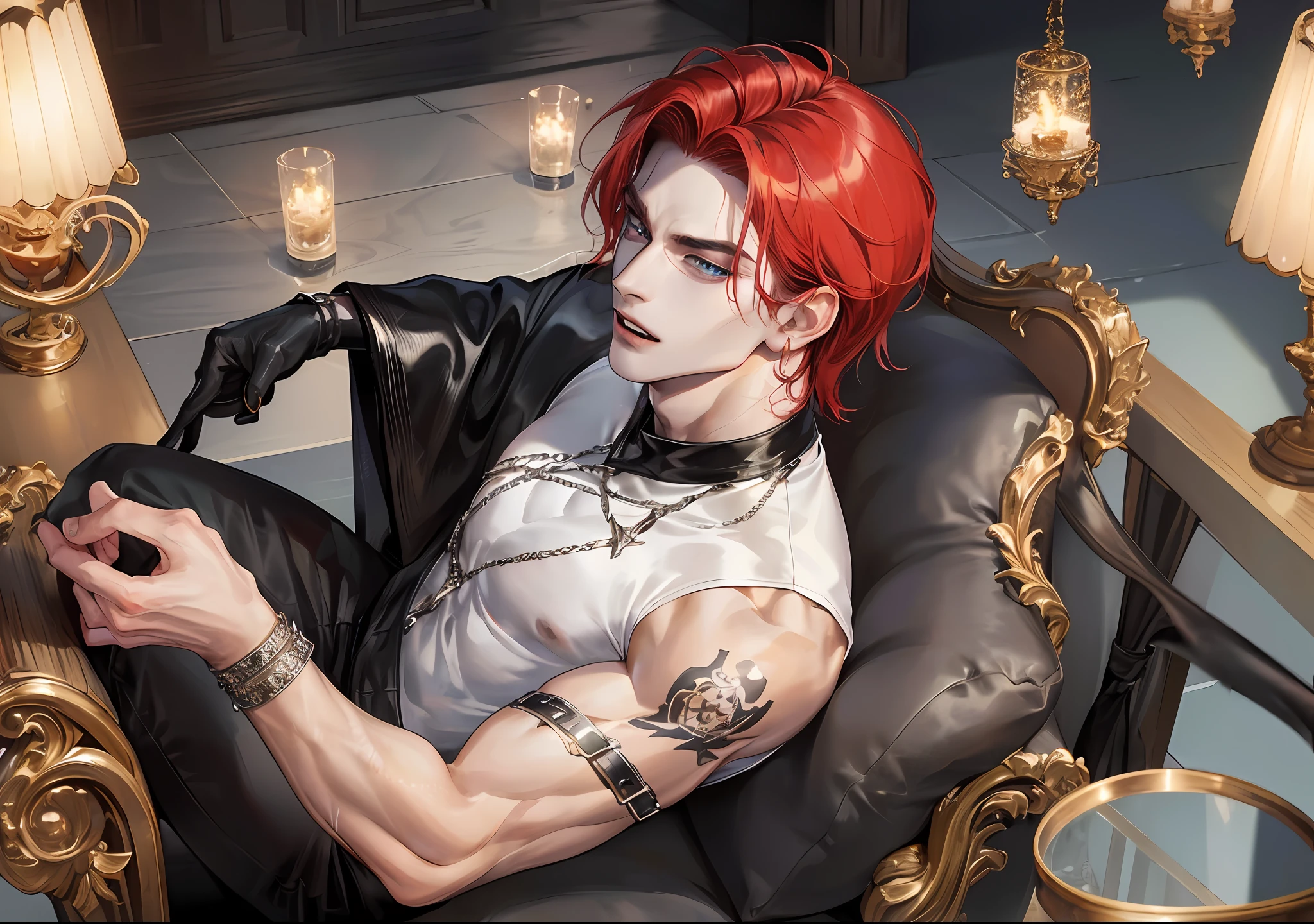 man, vampire, masculine, masculine face, attractive, muscular, ((1man)), masterpiece, absurdres, best quality ,intricate details , (shiny skin, shiny body, shiny oily luster skin, shiny hair, pale skintone), old castle, Sundown, attractive, ((muscular)), adult, one, tattoo in his chest ,black blouse, earrings, black pants, Don't look at the view , Not looking at the view, red short hair, perfect detailed face, perfect detailed hands, vampire fangs, blue eyes, ((MLS)), medium large shoot