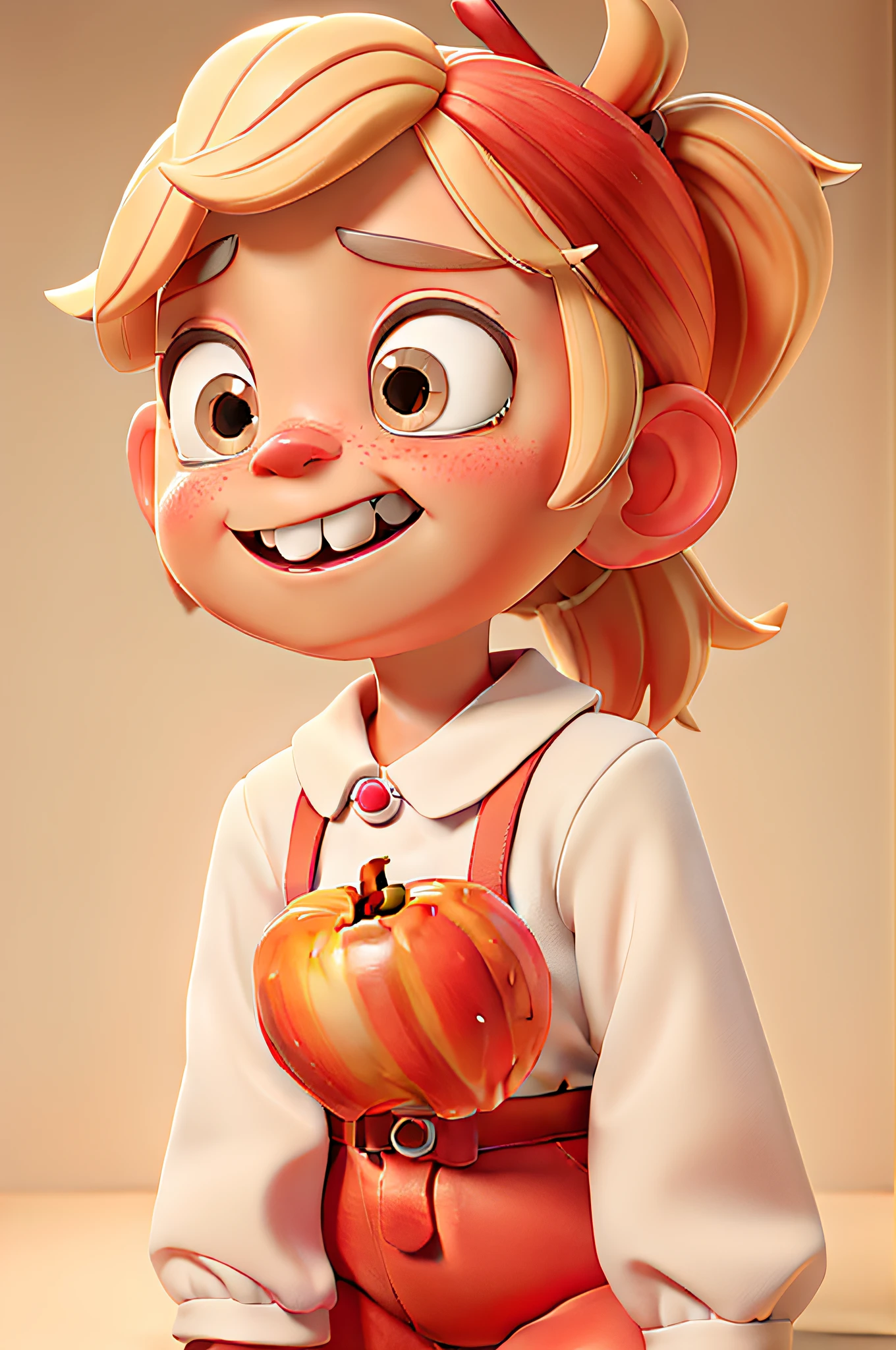Blonde little girl eating apple, red apple, room, warm, cute, double ponytail, pixar 3d character, high quality, 8k, portrait, pixar, 3d, 3d rendering, pixar character 3d, white skin, red apple