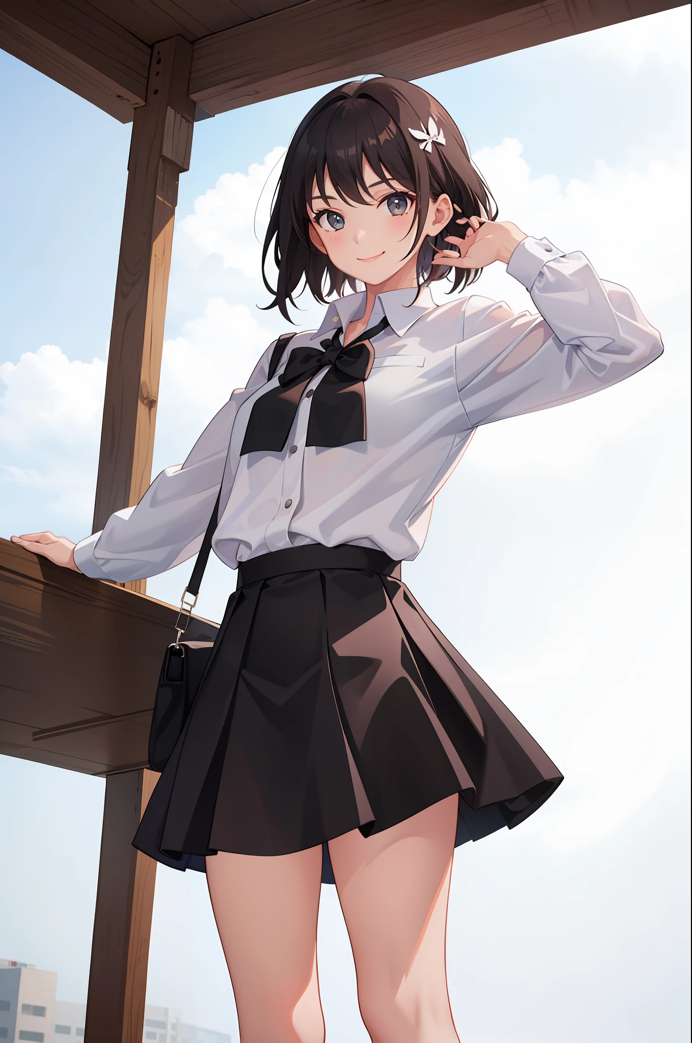 1 girl, smile, shirt, skirt, (small)