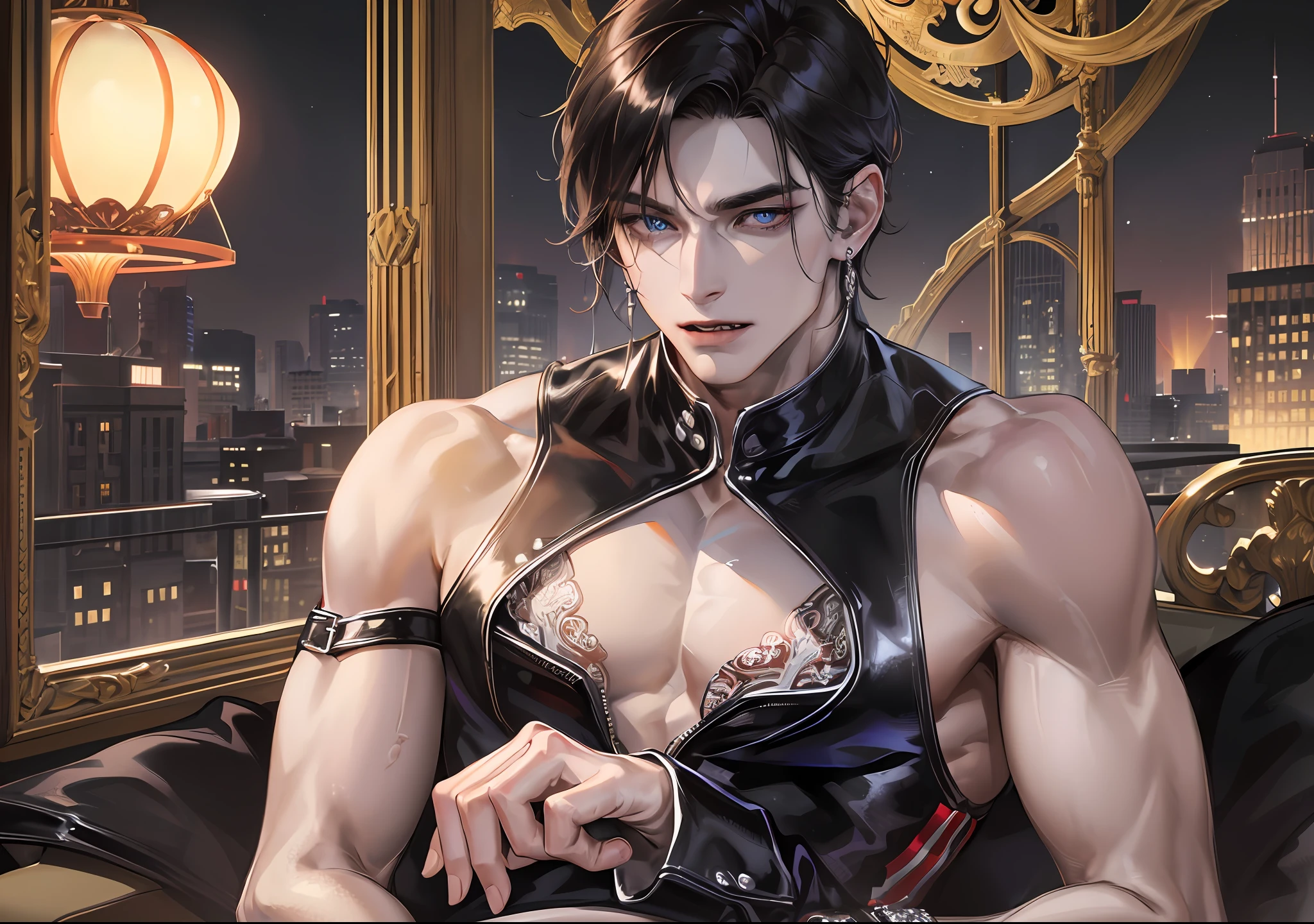 man, vampire, masculine, masculine face, attractive, muscular, ((1man)), masterpiece, absurdres, best quality ,intricate details , (shiny skin, shiny body, shiny oily luster skin, shiny hair, pale skintone), old castle, Sundown, attractive, ((muscular)), adult, one, tattoo in his chest ,black blouse, earrings, black pants, Don't look at the view , Not looking at the view, red short hair, perfect detailed face, perfect detailed hands, vampire fangs, blue eyes, ((MLS)), medium large shoot