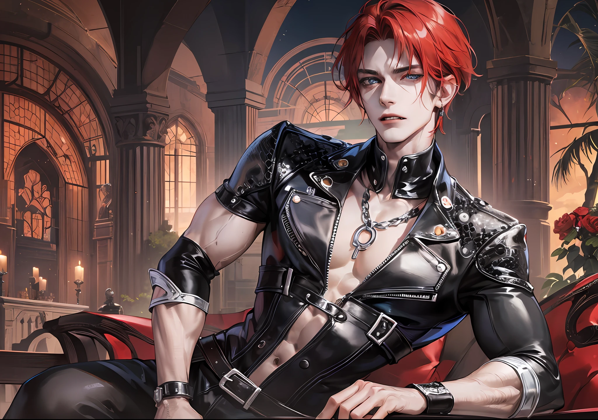 man, vampire, masculine, masculine face, attractive, muscular, ((1man)), masterpiece, absurdres, best quality ,intricate details , (shiny skin, shiny body, shiny oily luster skin, shiny hair, pale skintone), old castle, Sundown, attractive, ((muscular)), adult, one, tattoo in his chest ,black blouse, earrings, black pants, Don't look at the view , Not looking at the view, red short hair, perfect detailed face, perfect detailed hands, vampire fangs, blue eyes, ((MLS)), medium large shoot