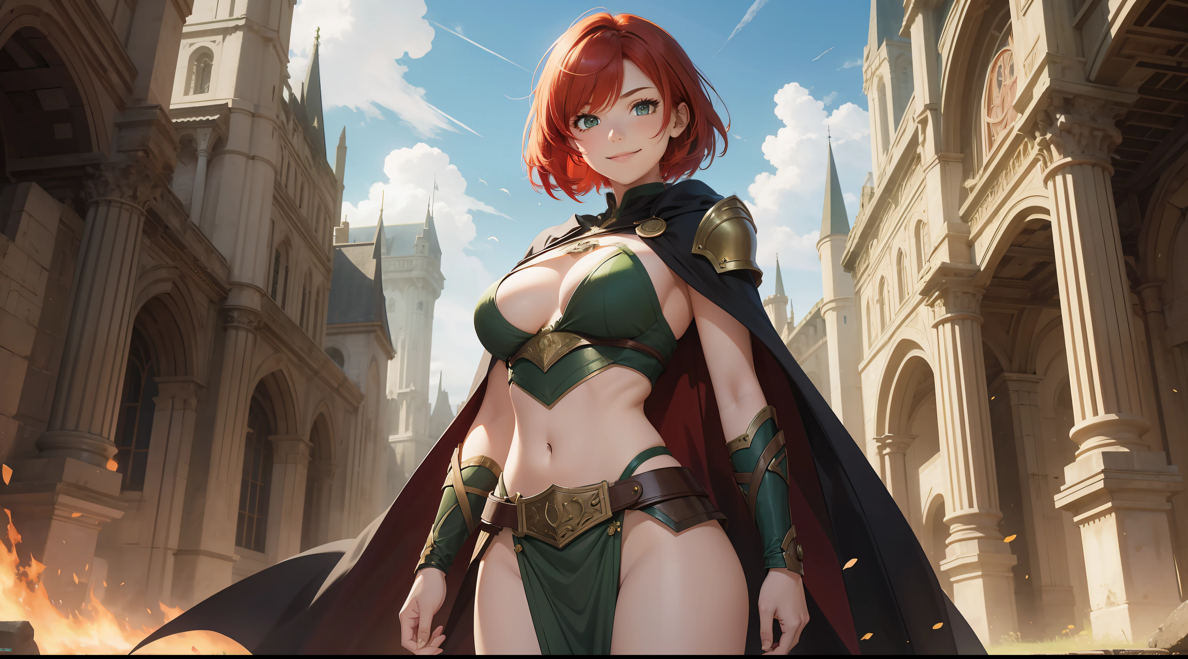 a girl, warrior, redhead, short hair, bright green eyes, beautiful breasts, hair between eyes, bangs, full body, confident, heroic posture, smiling, dark red robes, cape, fantasy, medieval ruins, rays of sun