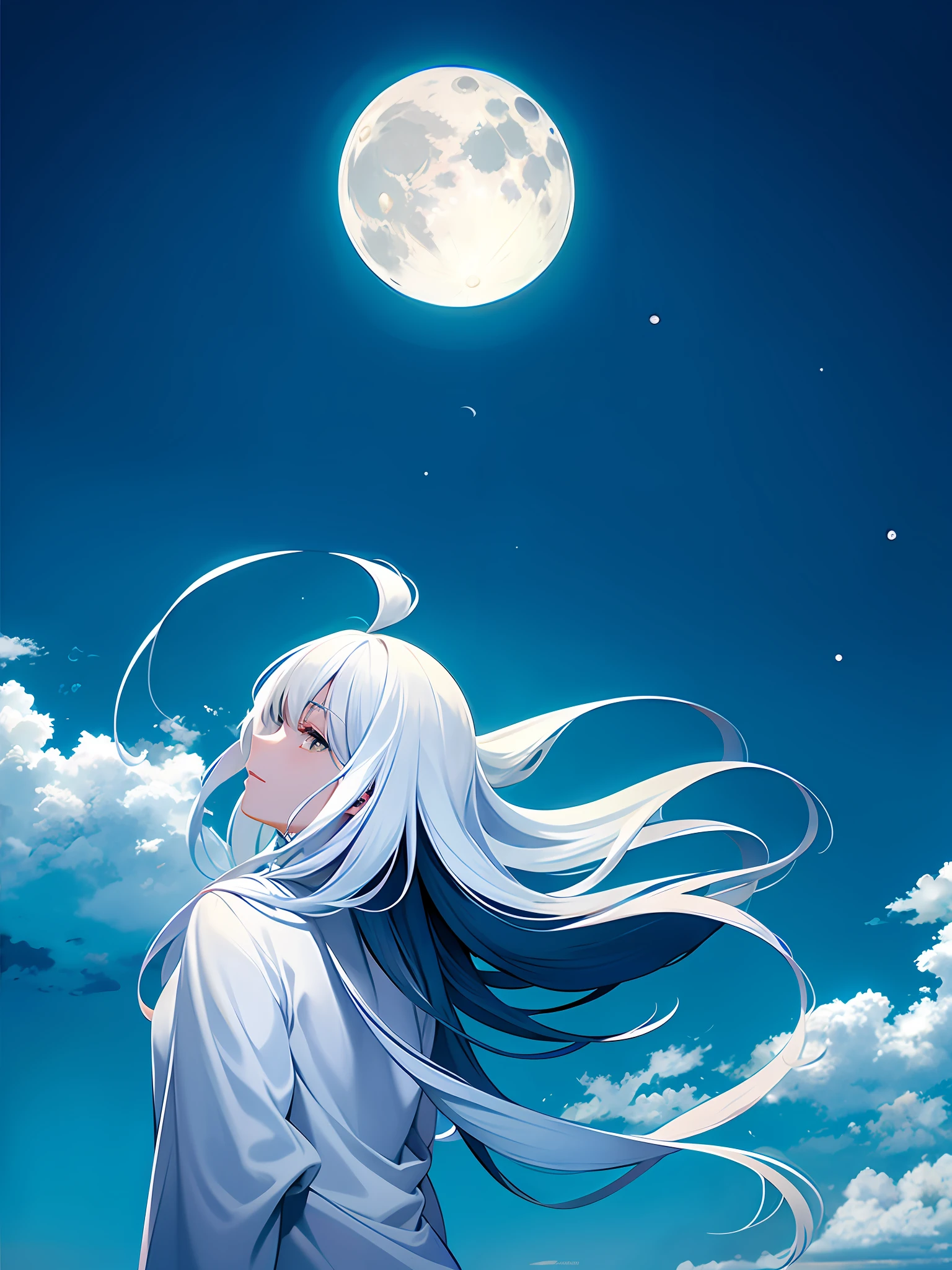 The moon is in the upper right corner, the moon is in the sky, there is only one moon, and the moon is in the background! , fading moon, moon out, (moon in background), waxed moon,