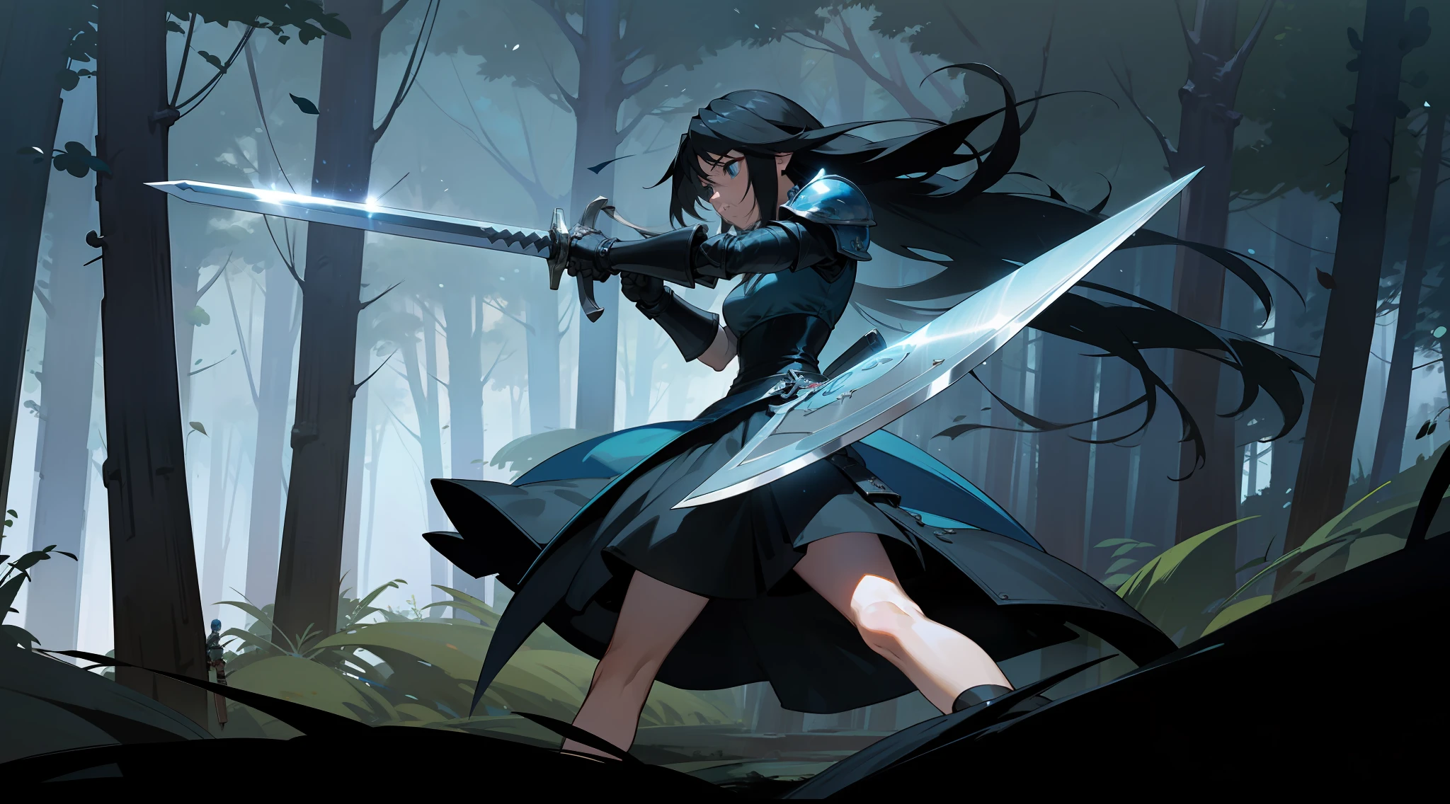 Rinoa, from Final Fantasy 8, wearing a dark blue dress armor, with a large blue sword and a shield, and Squall, from Final Fantasy 8, wearing a dark black armor, with a large black sword, full gauntlets, perfect anatomy, perfect face, forest background