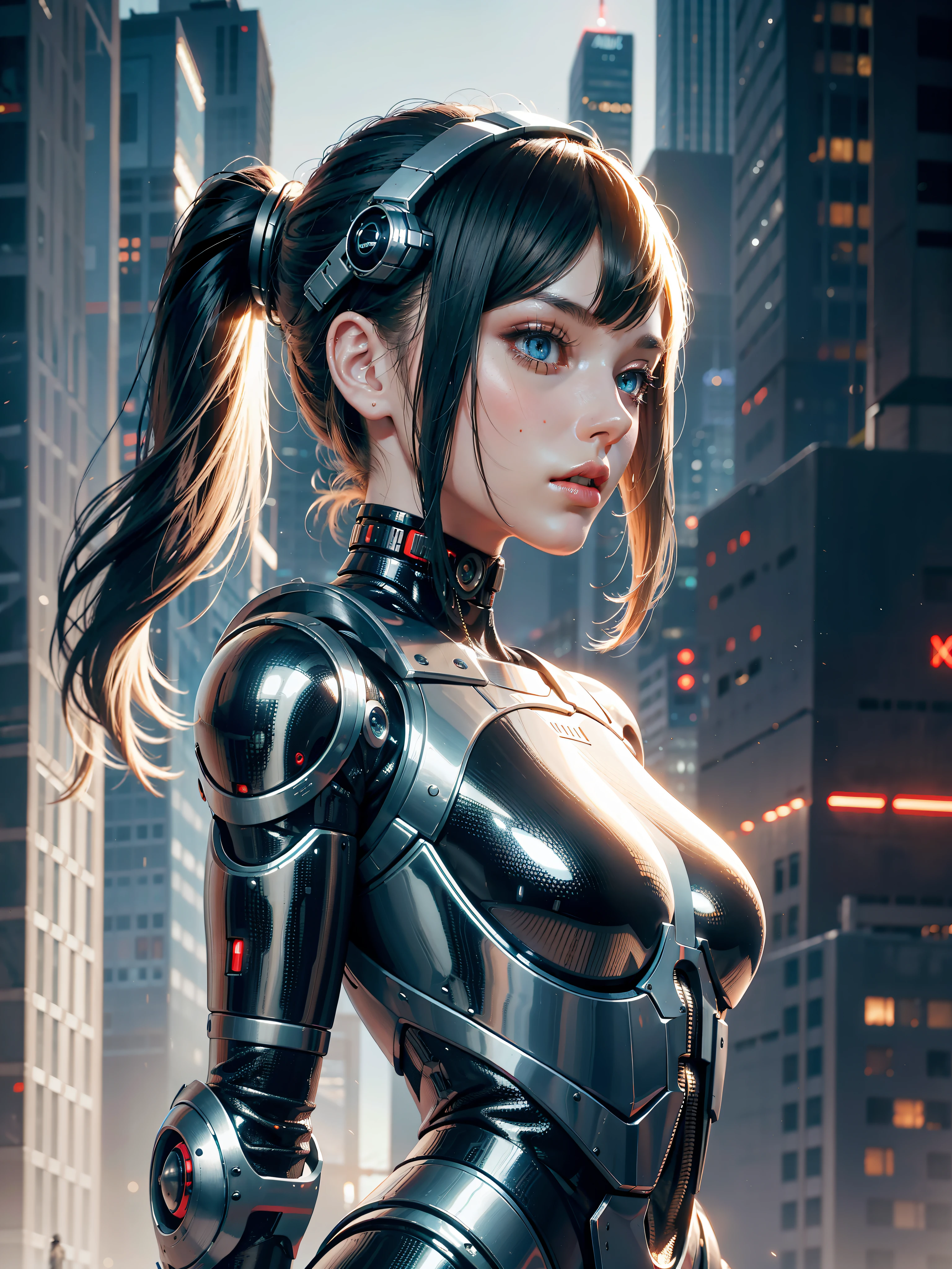 Girl, Robot, Bionic Man, Cyberpunk, Metallic Luster, Holding Future Weapon, Desperate Eyes, Future City Background, Modern Art, Sci-Fi, Texture, Fine Portrayal, Masterpiece, 8K, High Resolution