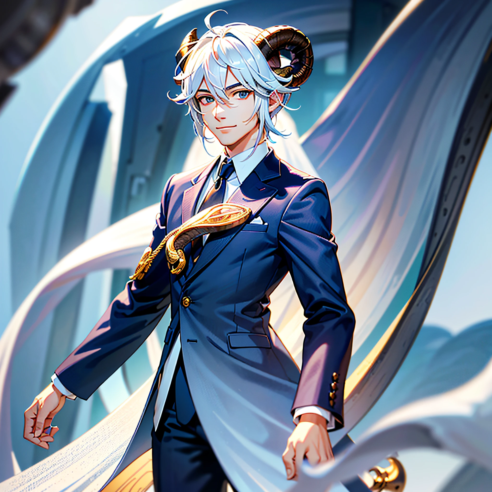 (Best Quality: 1.2), (Best Quality: 1.2), Perfect Anime Illustration, Ultra Micro Animation, Analog Style, Very Handsome Male Salesman, (Sheep Horns Extending From the Head: 1.3), Highly Detailed Beautiful Face and Eyes, Watching Viewer, Smile, Cowboy Shot, Beautiful White Hair, Solo, Dynamic Angle, Beautiful Detailed Business Suit